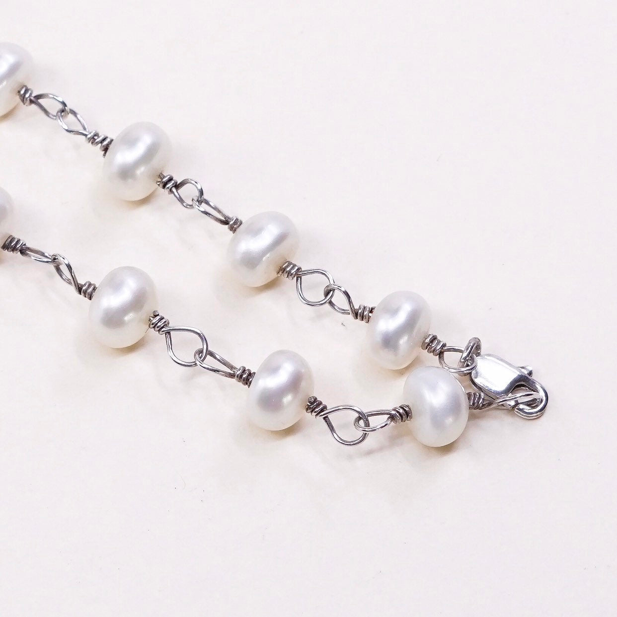16", vtg italy handmade Sterling silver bead link chain with pearl beads