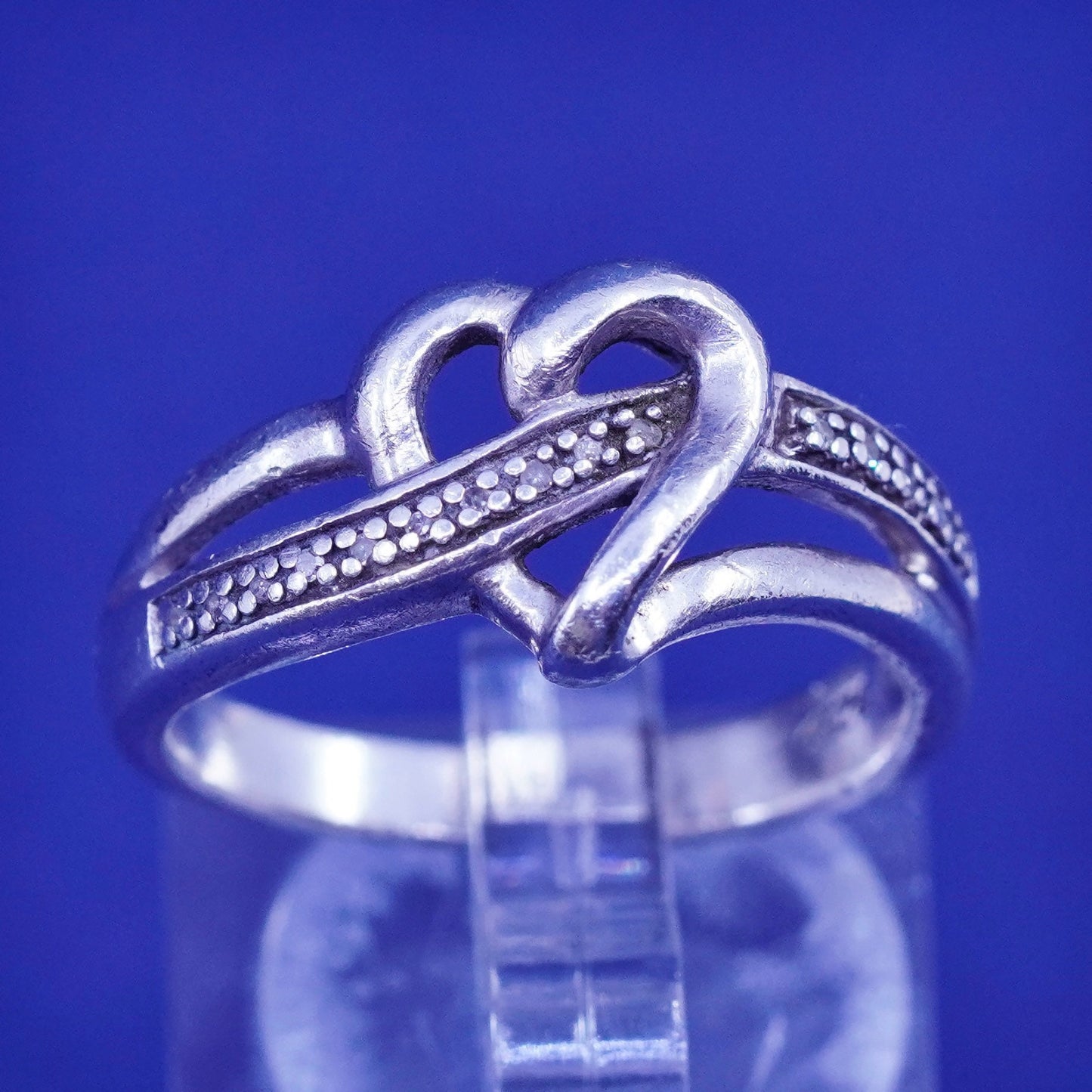 Size 6, vintage Sterling 925 silver handmade heart ring with genuine diamond