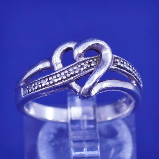 Size 6, vintage Sterling 925 silver handmade heart ring with genuine diamond