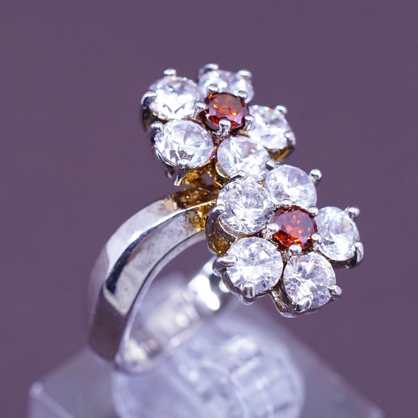 Size 6.75, vtg Sterling 925 silver handmade ring with crystal flower and ruby