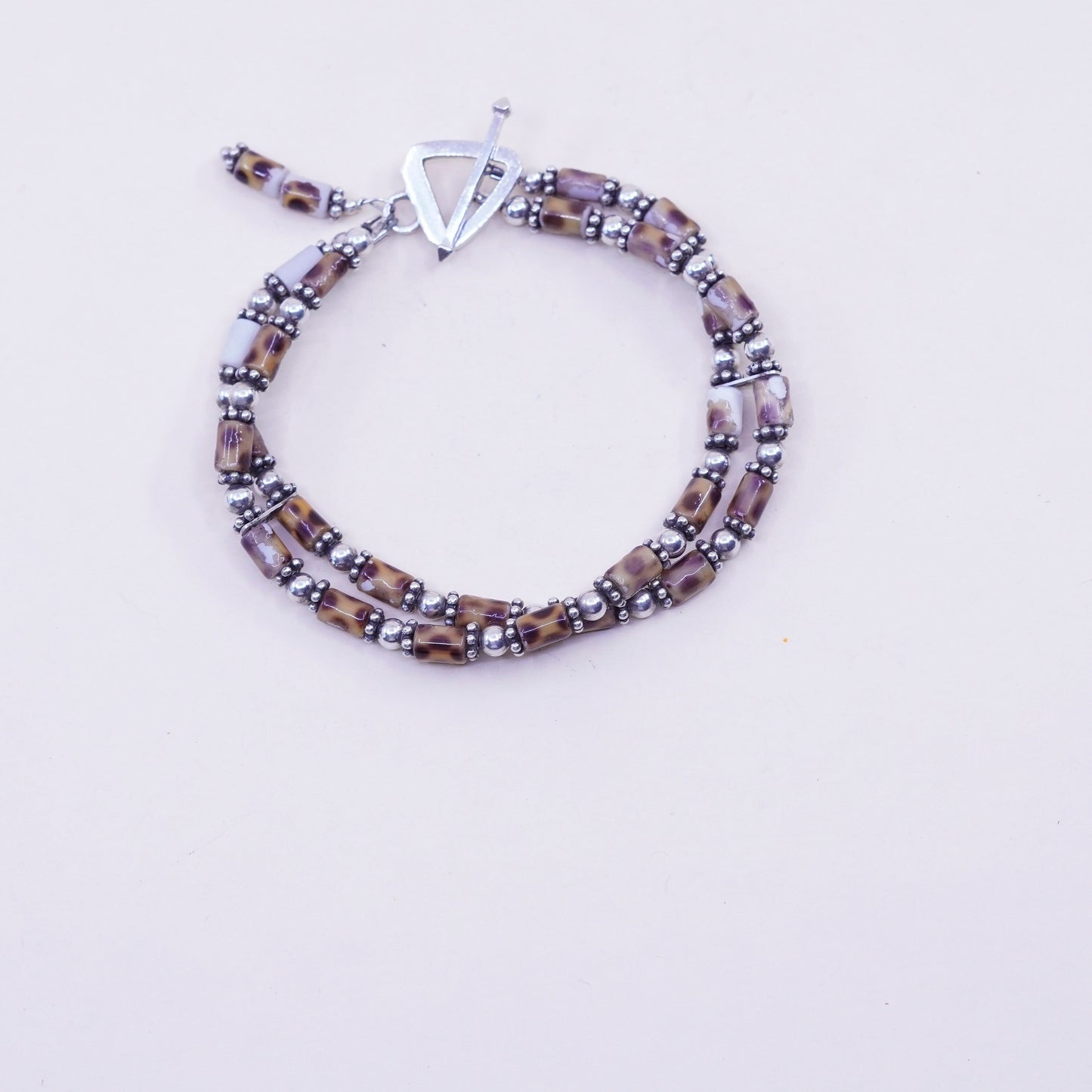 6.75”, vintage double strands sterling silver handmade bracelet with beads