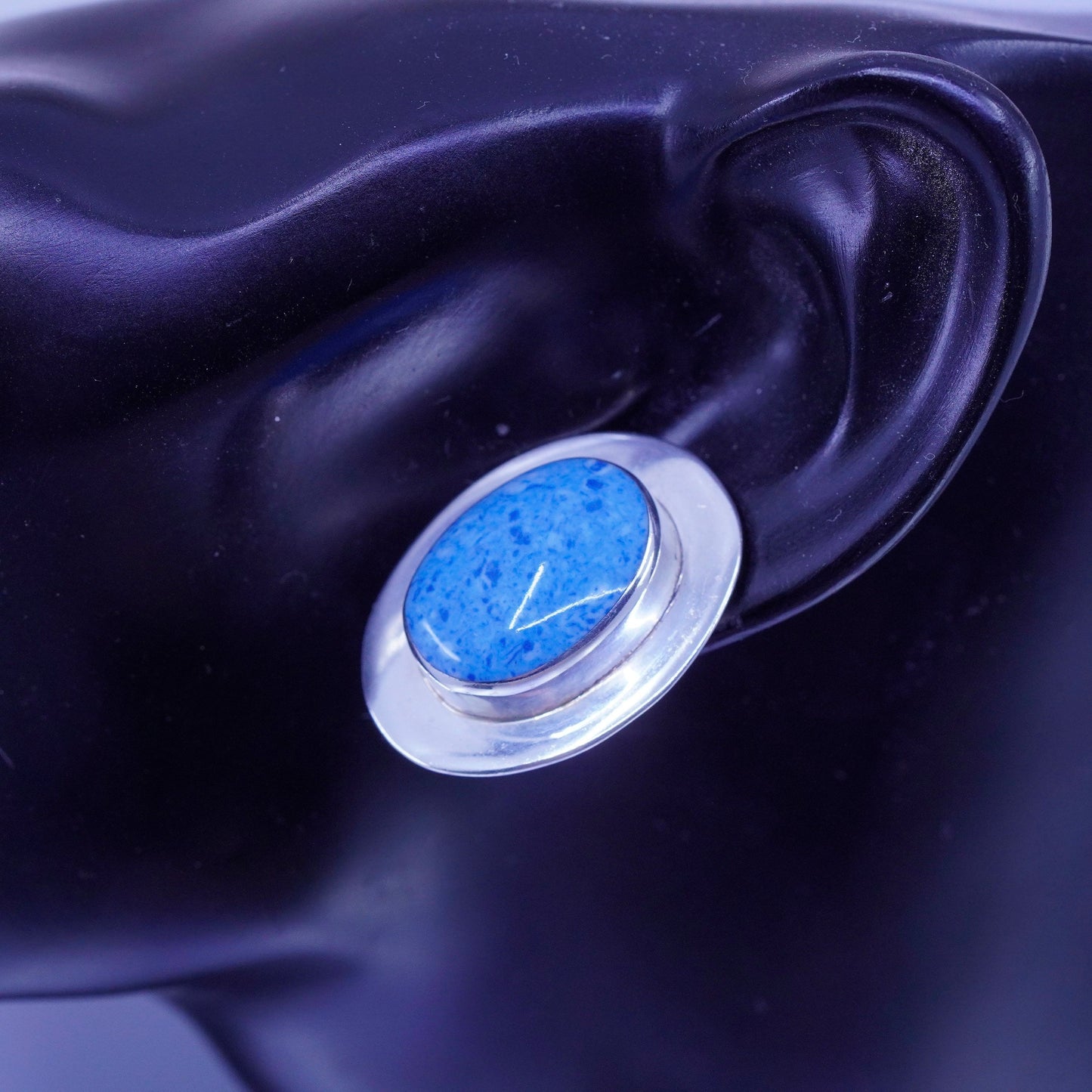 Vintage Sterling 925 silver handmade earrings, oval studs with sodalite