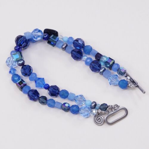 6.5”, Double Strands Sterling 925 Silver Handmade Bracelet, Blue Crystal beads