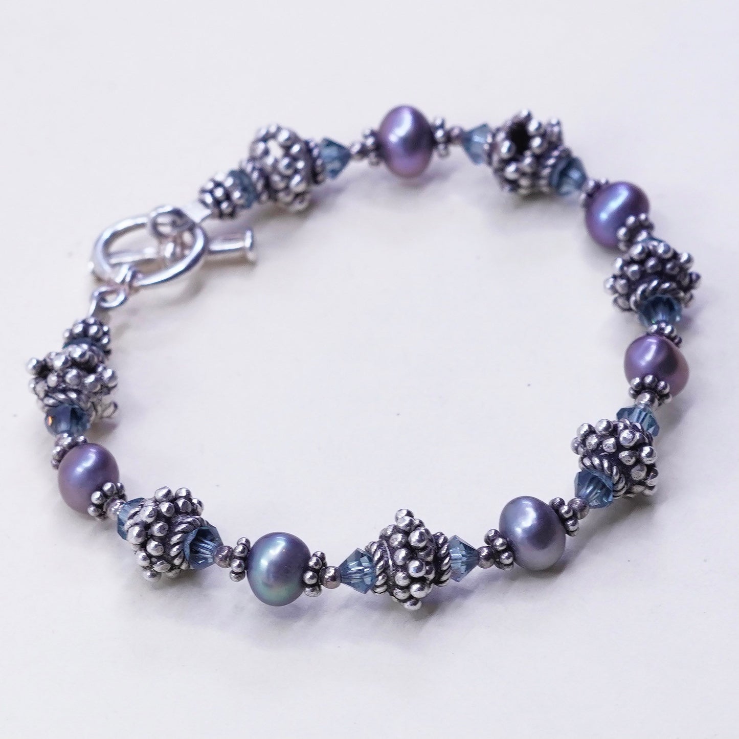 6”, Sterling 925 silver bracelet, pearl beads with crystal and heart closure