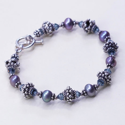 6”, Sterling 925 silver bracelet, pearl beads with crystal and heart closure