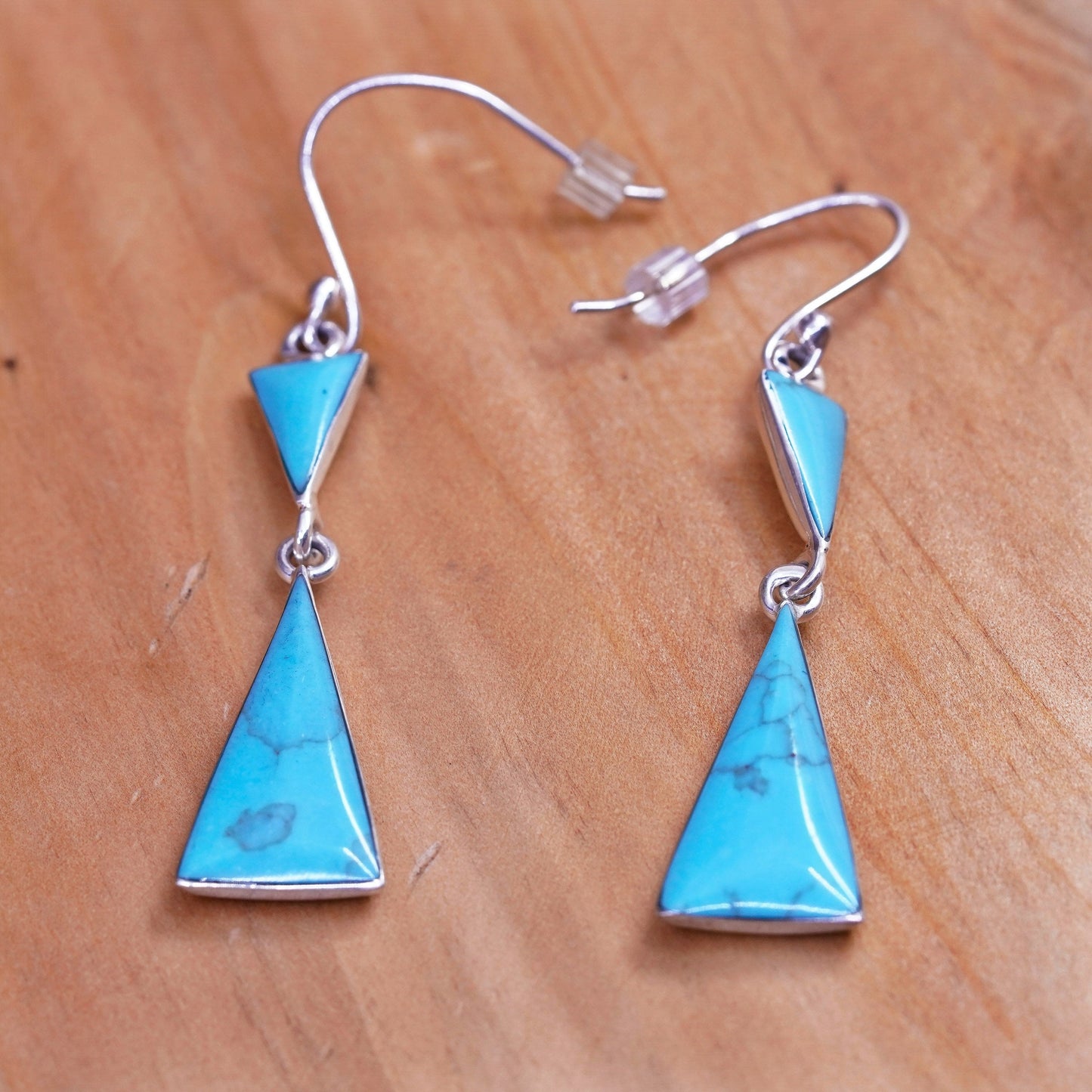 Vintage Sterling 925 silver handmade triangular earrings with turquoise