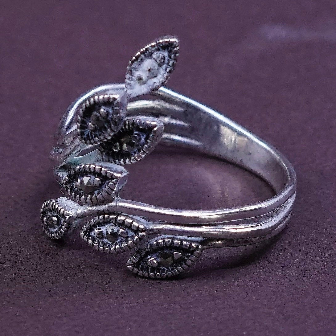 sz 6.75, vtg sterling silver handmade ring southwestern 925 leaves w/ marcasite