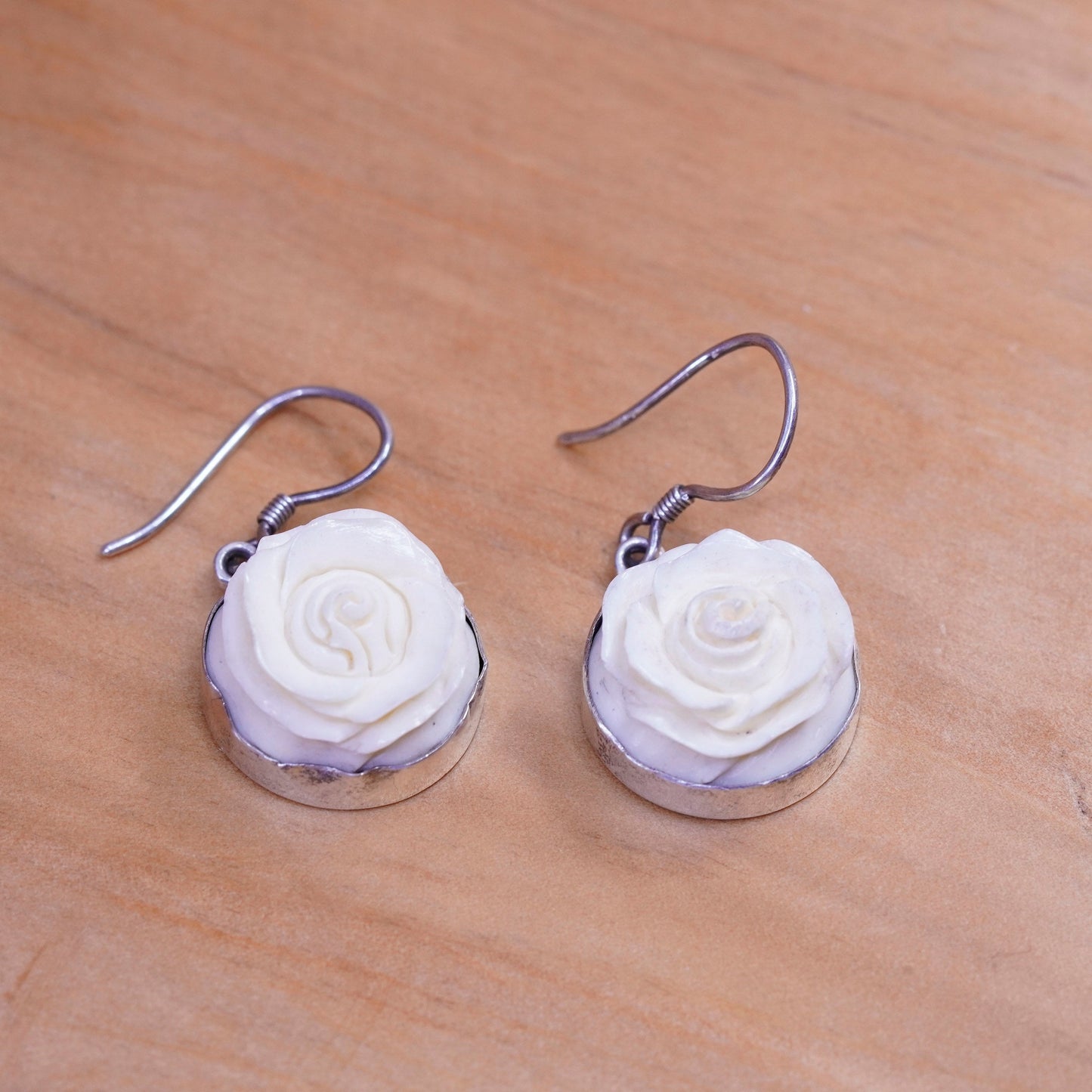 Vintage Sterling 925 silver handmade earrings, carved rose flower drops