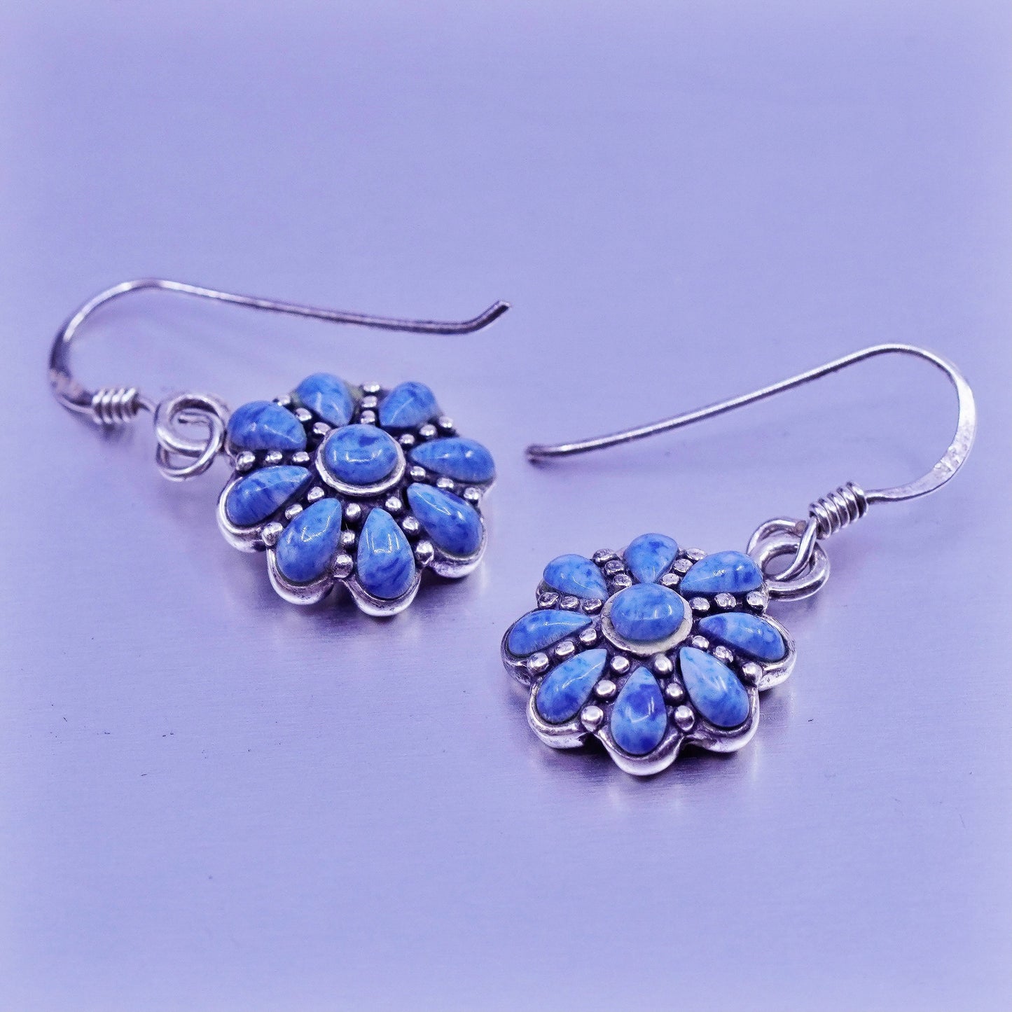 Vintage Sterling 925 silver handmade earrings with flower turquoise