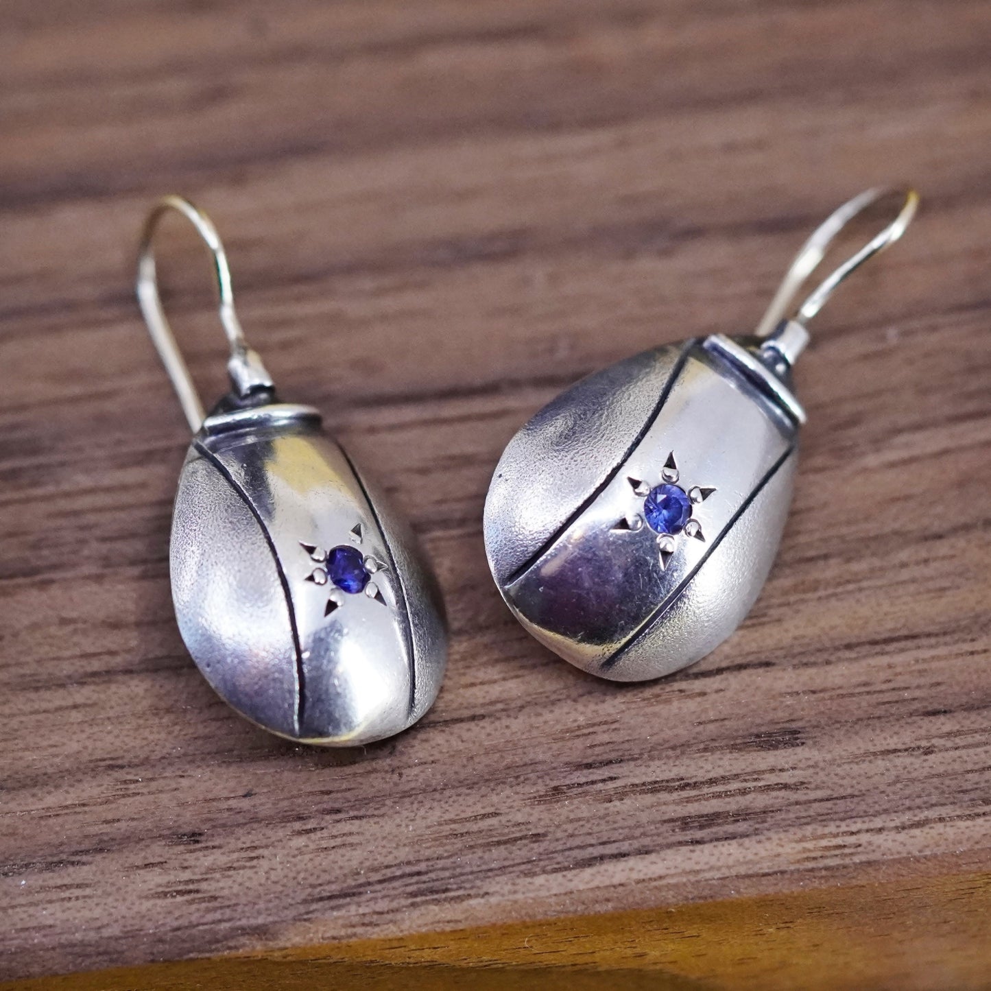 Sterling 925 silver teardrop earrings with sapphire and 14K yellow gold wire