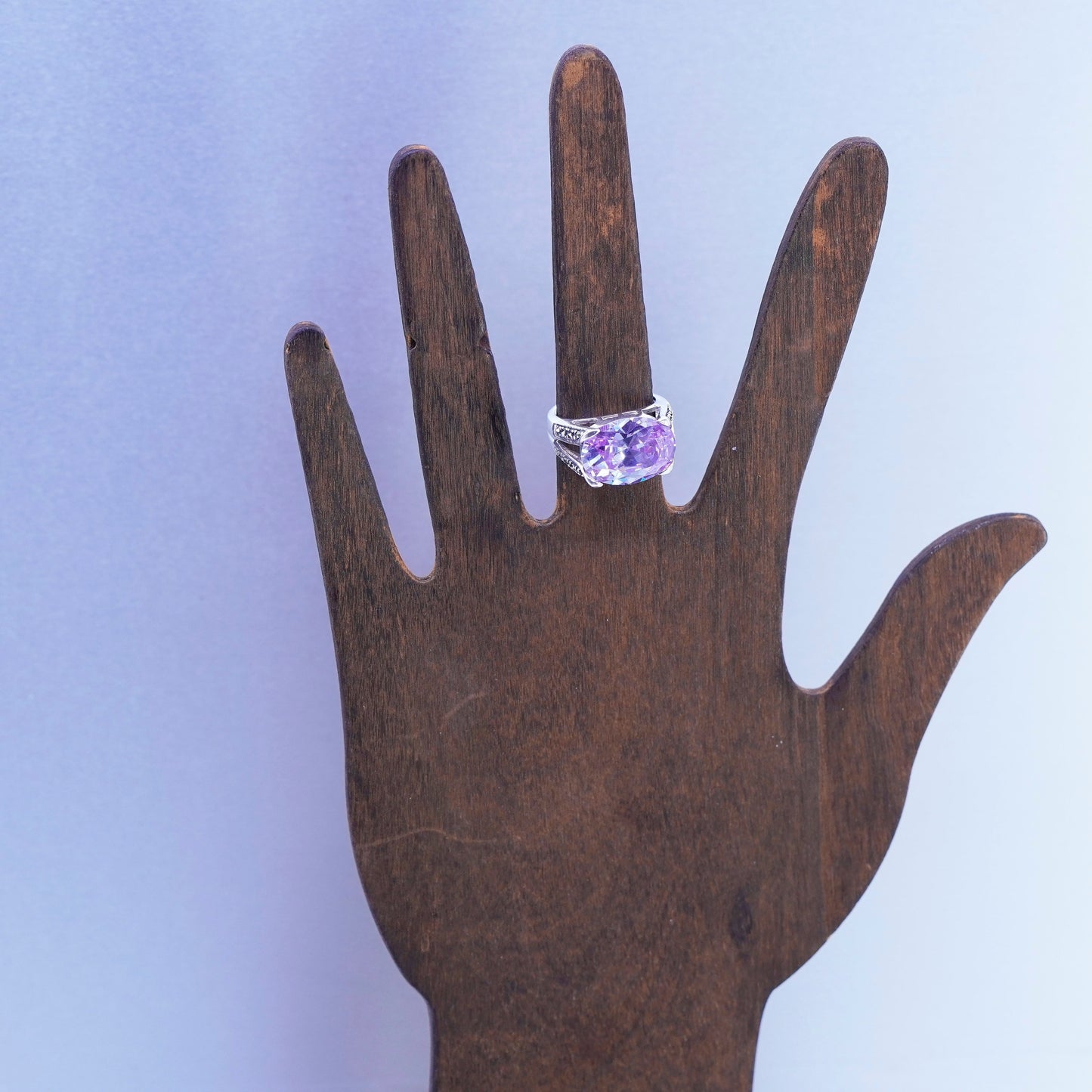 Size 6.25, Sterling 925 silver handmade ring with mega shiny amethyst marcasite