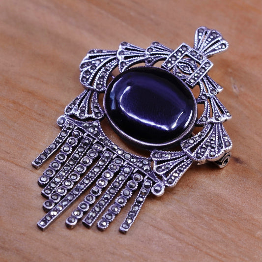 Vintage Sterling 925 silver handmade pendant brooch w/ oval obsidian marcasite
