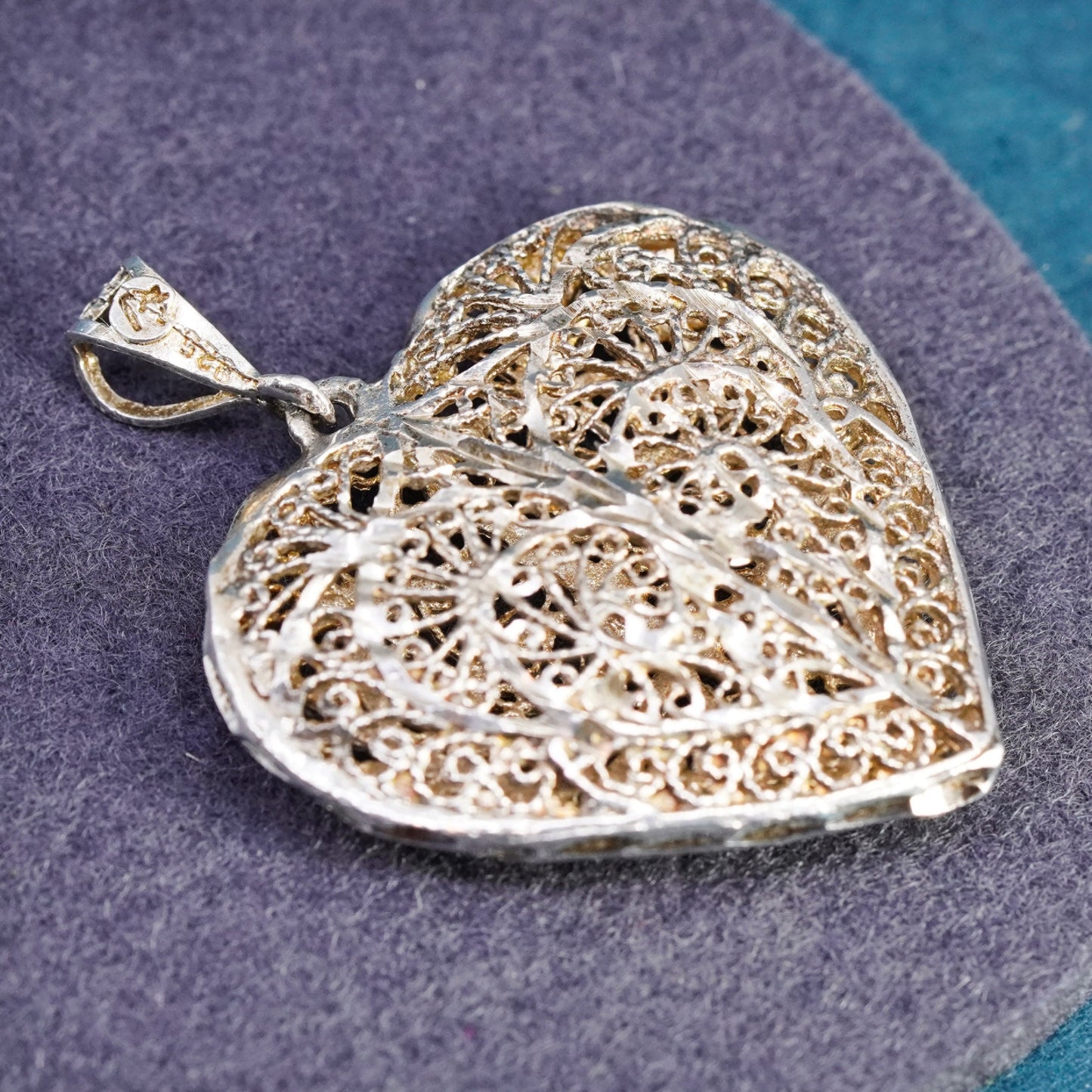 Vintage Sterling silver handmade pendant, 925 puffy filigree heart