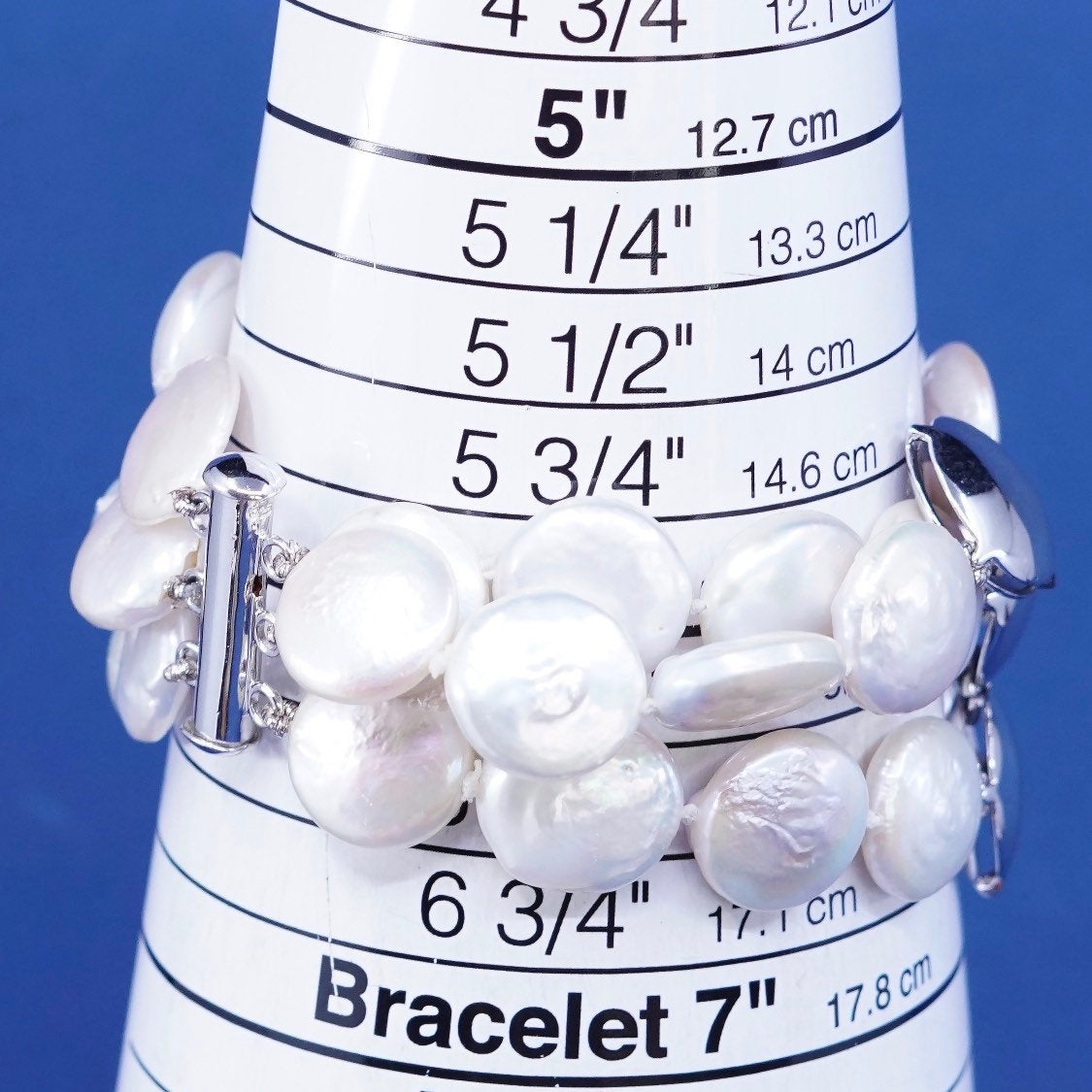 6.25" sterling silver handmade bracelet, flatten circle pearl beads N 925 discs