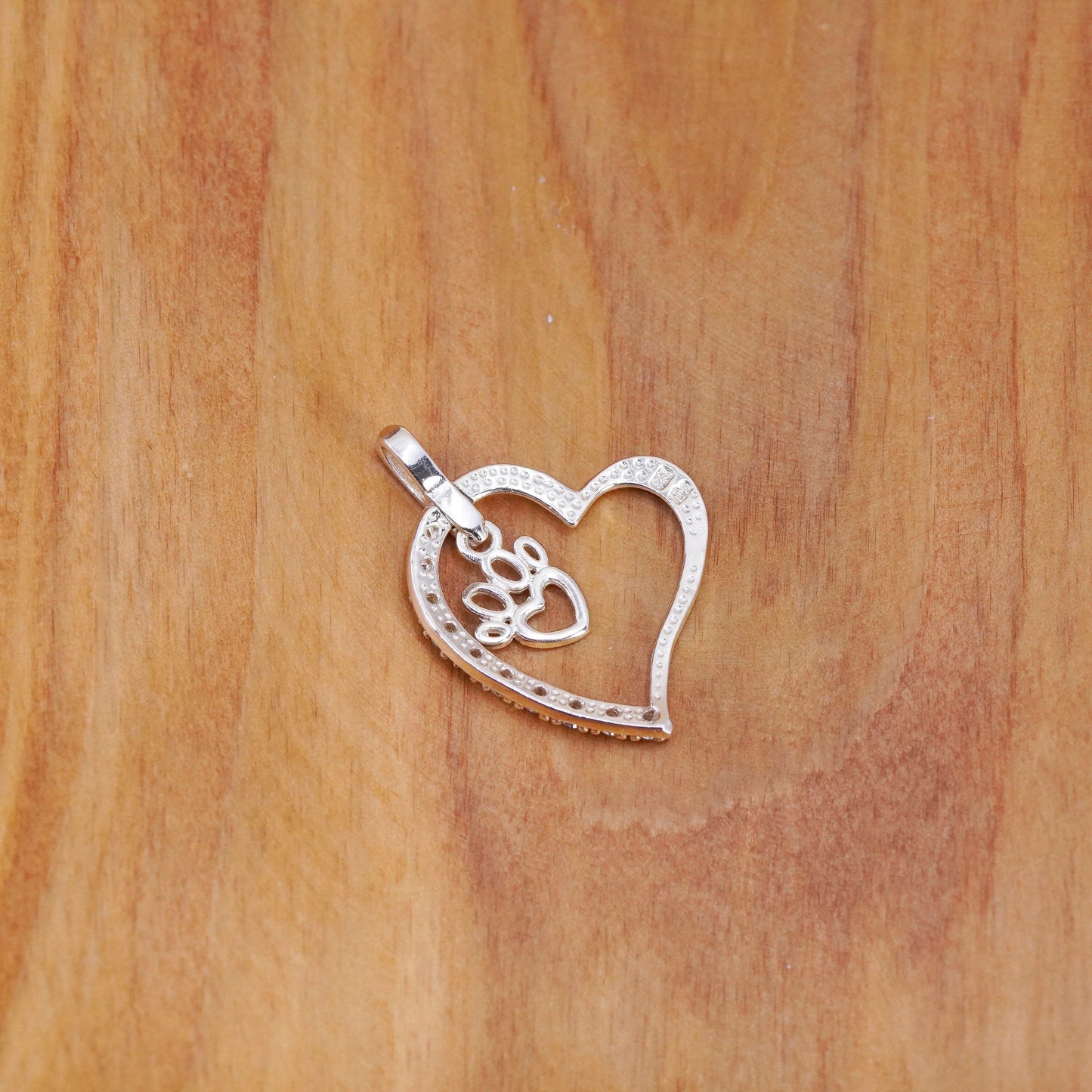 Vintage Sterling 925 silver handmade heart pendant with cz and paw charm