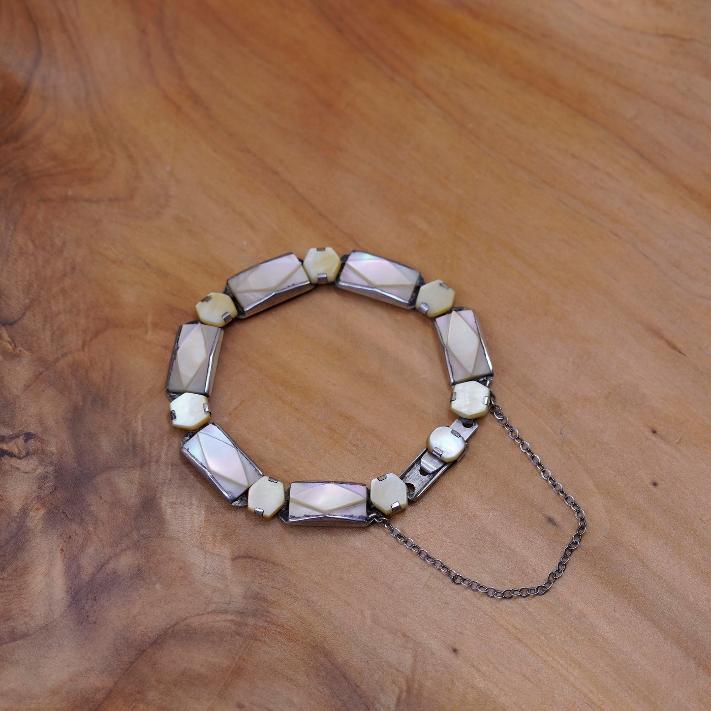 6.5”, vintage jewelry Sterling 925 silver tennis bracelet with mother of pearl