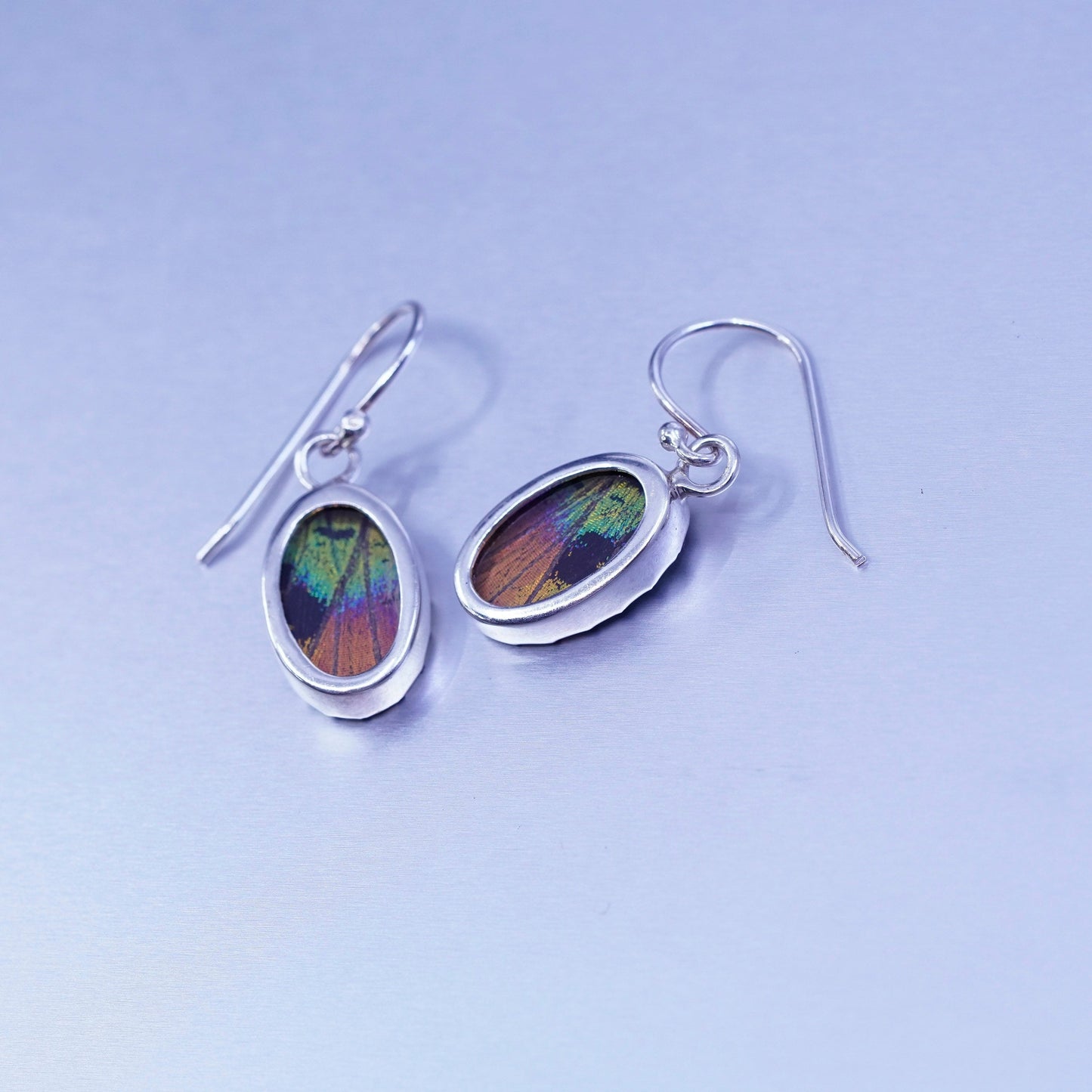 Vintage Sterling 925 silver handmade earrings with oval resin butterfly wings