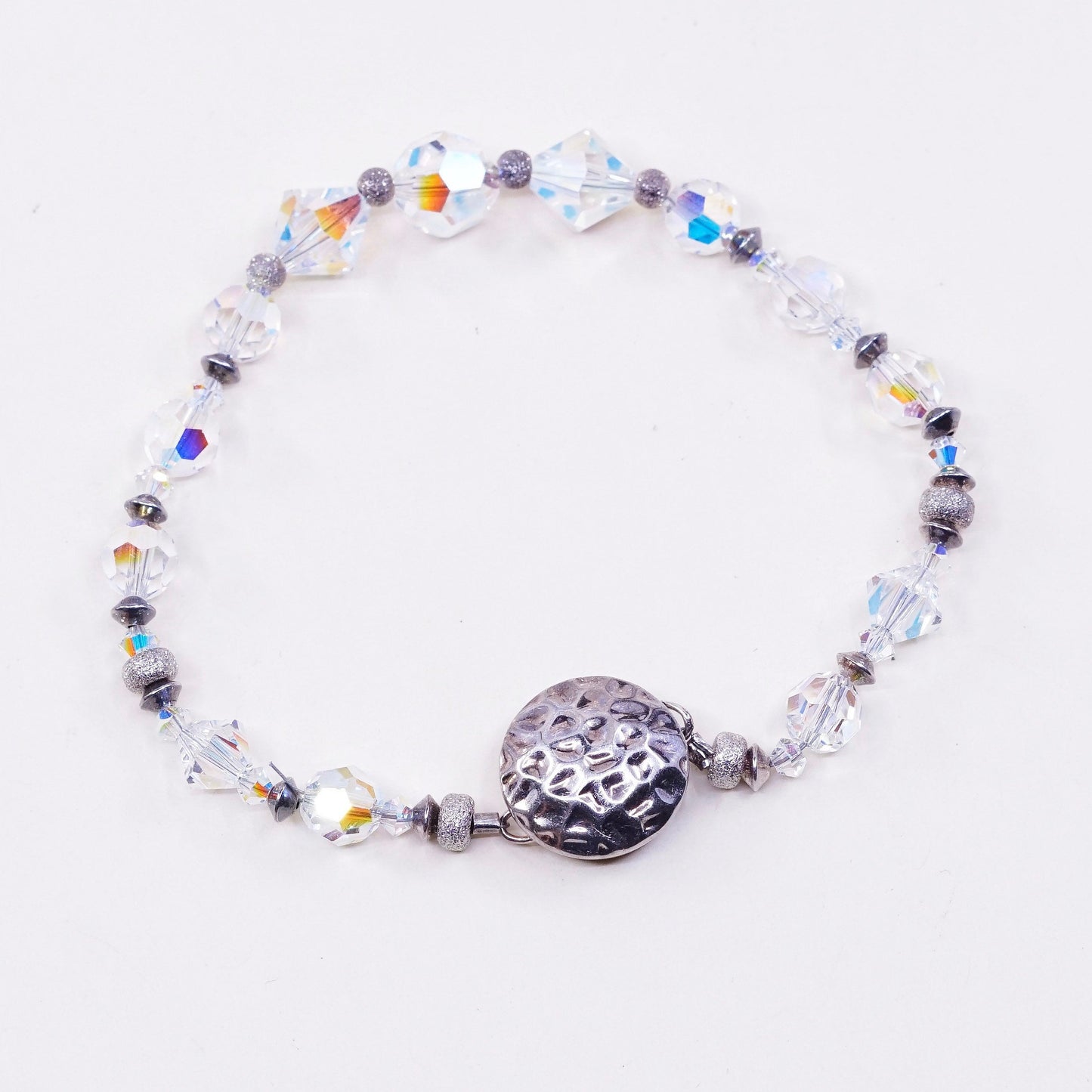 6.5”, vtg sterling silver handmade bracelet, 925 clasp with crystal beads