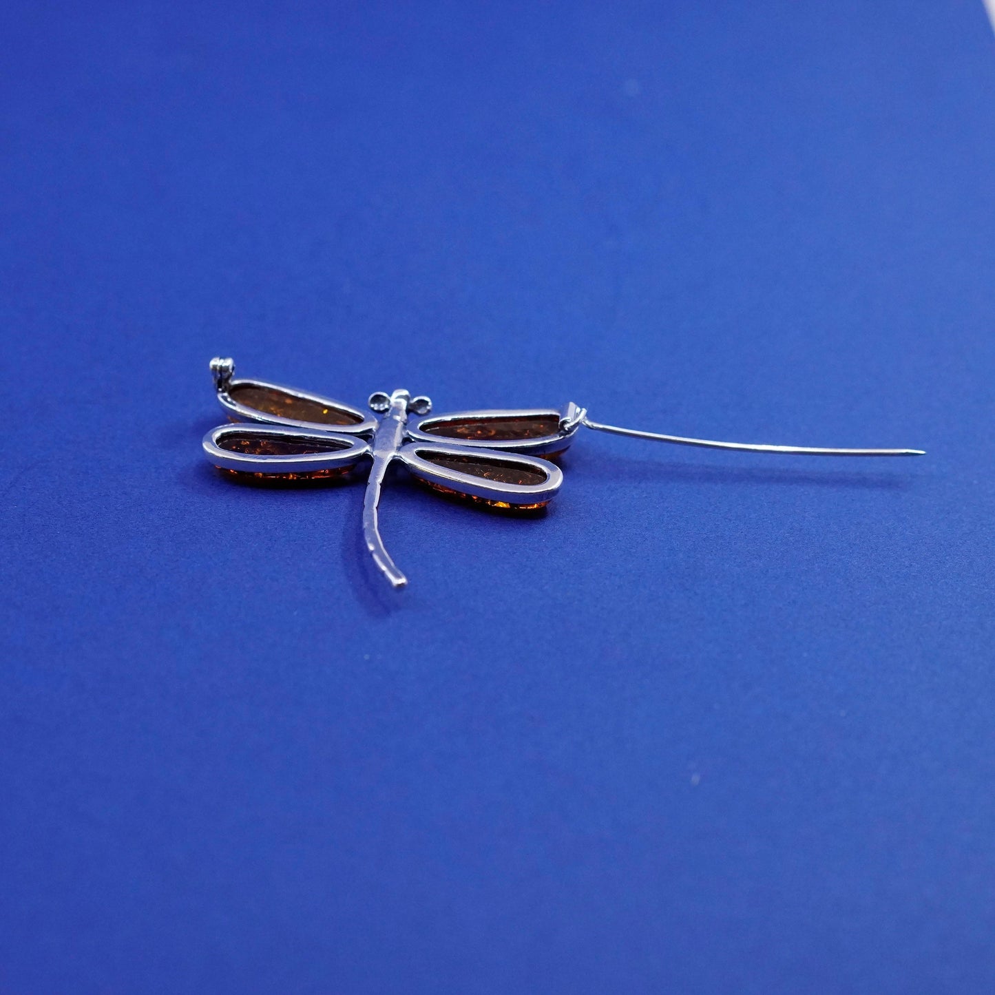 Vintage mexico Sterling 925 silver handmade dragonfly brooch with amber