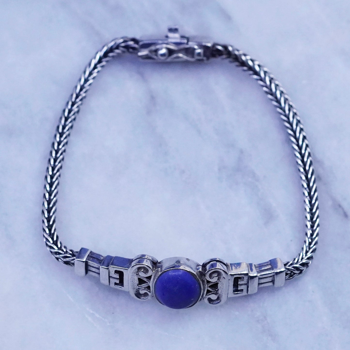 6.75”, vintage Sterling silver handmade bracelet, bold 925 wheat chain sodalite