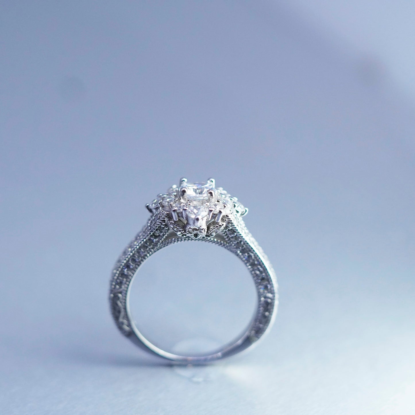 Size 7.5, vintage Sterling 925 silver handmade engagement ring with cluster Cz