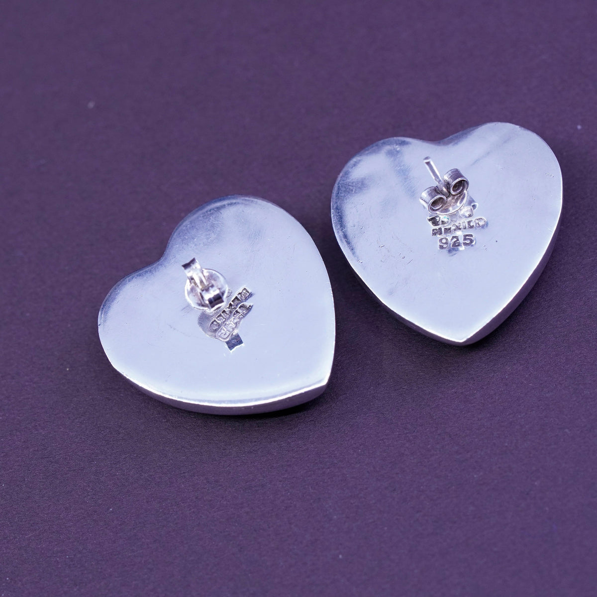 mexico Sterling silver earrings, studs, huge 925 heart studs with black onyx