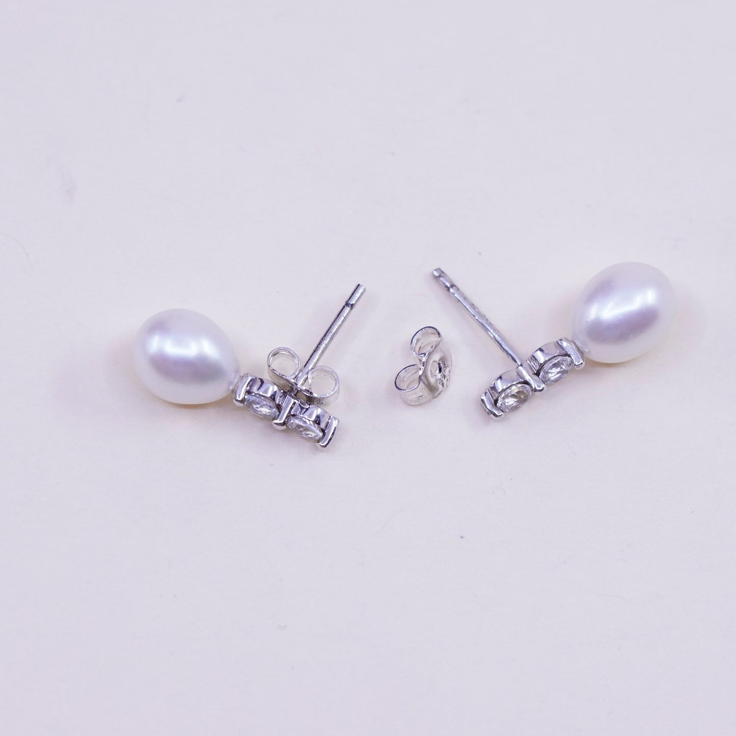 Vintage sterling silver earrings, 925 studs with pearl and cz