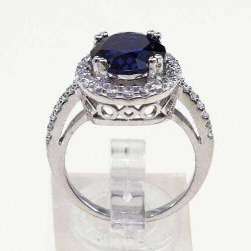 Sz 7.5, Sterling Silver Ring, 925 Silver Engagement Ring W/ Round blue Sapphire