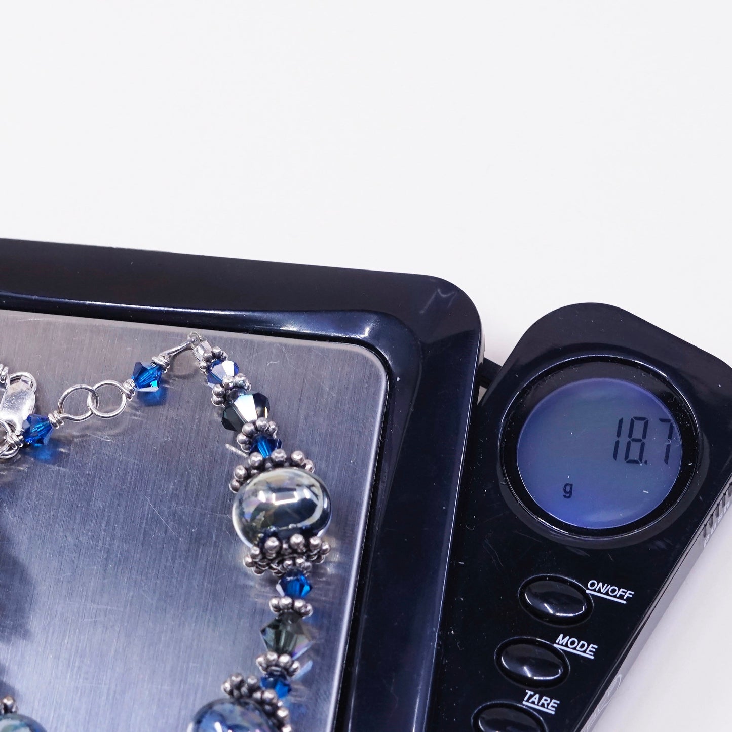 6.5+1”, vtg Sterling silver handmade bracelet, 925 beads w/ blue crystal beads