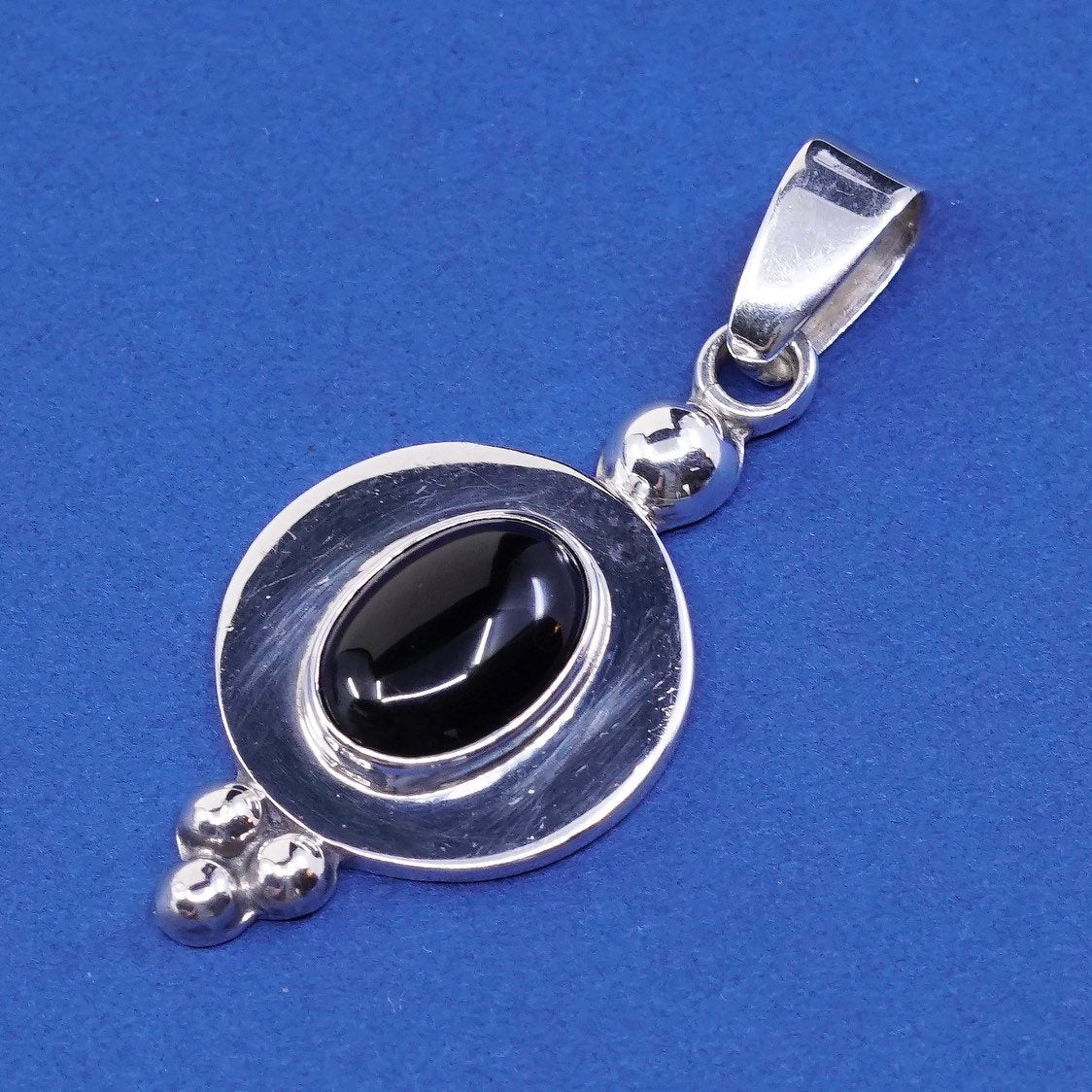 vtg Mexico CII Sterling silver handmade pendant, 925 w/ oval obsidian