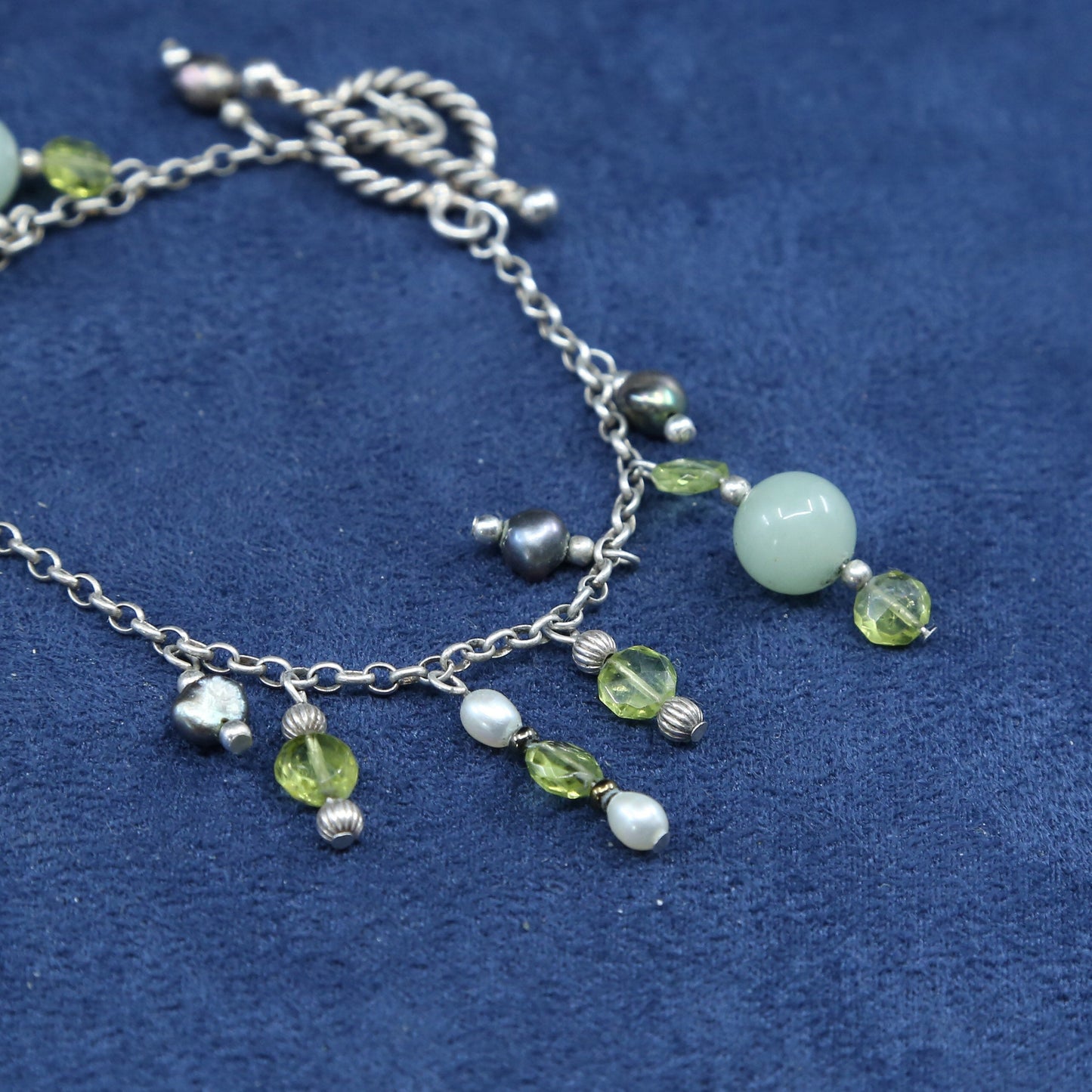 6.5”, sterling silver handmade bracelet 925 circle chain w/ crystal jade charms