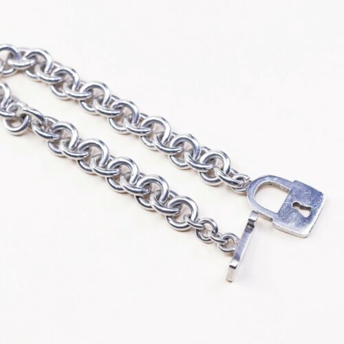 7.25” Vintage Sterling Silver Handmade Bracelet, 925 Silver chain w/ Lock charm