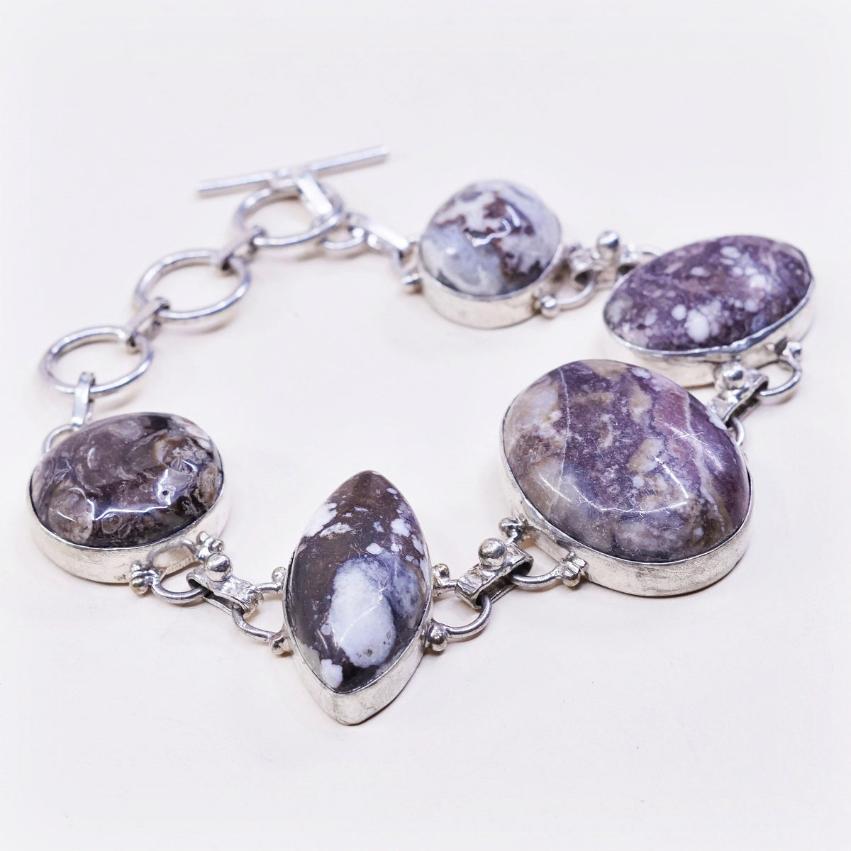 6.5+1”, vtg sterling 925 silver handmade bracelet w/ jasper and toggle closure