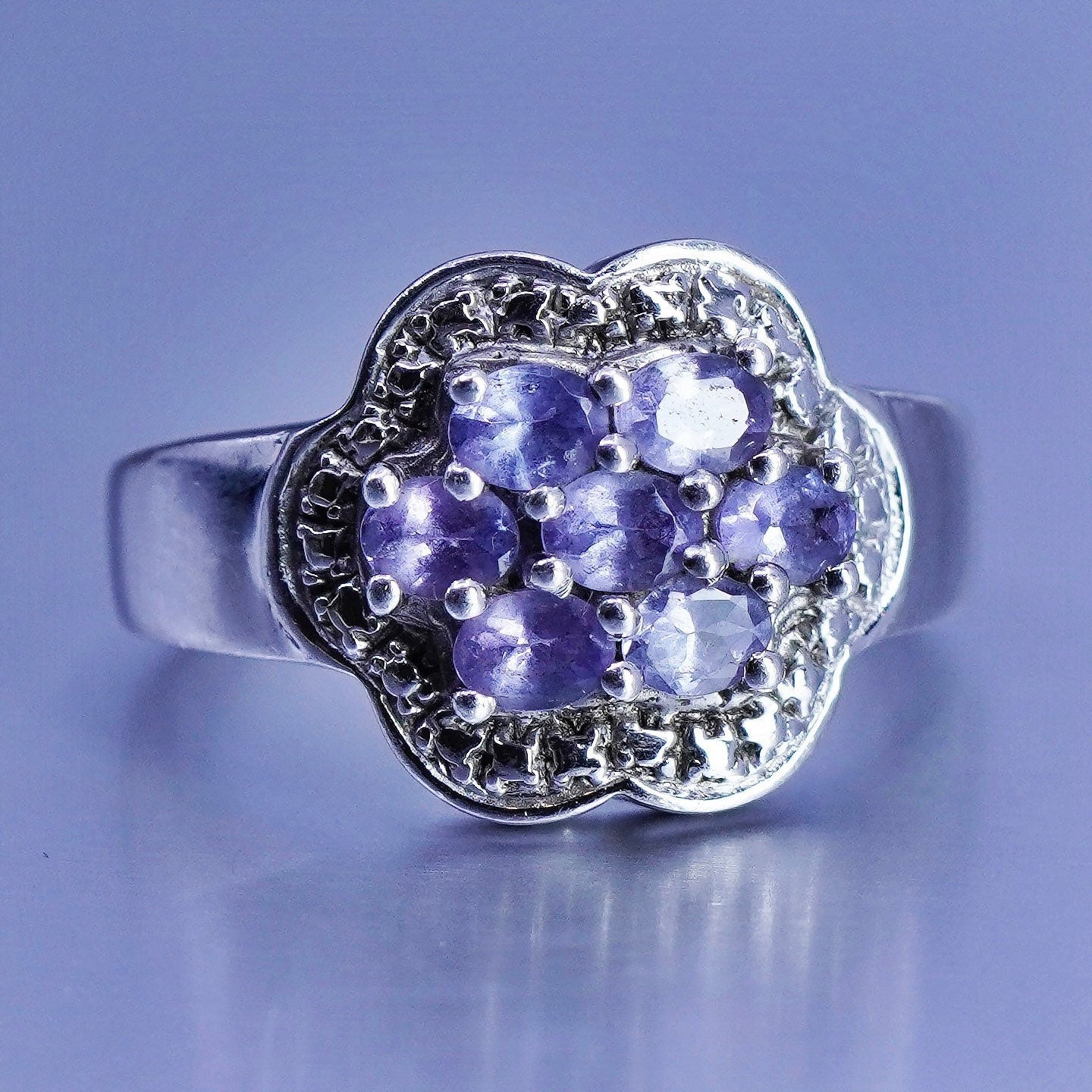 Size 8.5, vintage Sterling 925 silver handmade ring with cluster amethyst