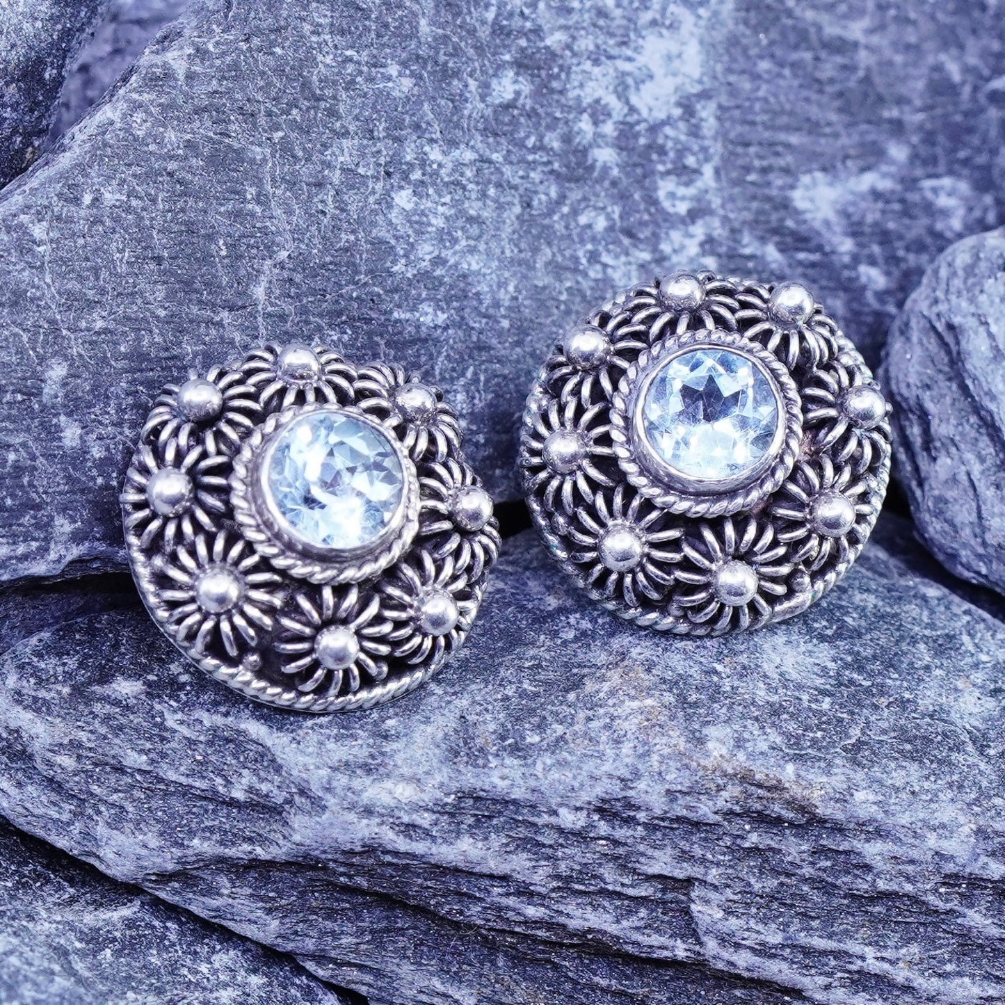 Vintage sterling silver handmade earrings, 925 flower studs with topaz