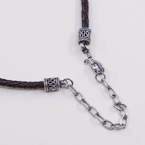 14+3” Vtg Sterling 925 Silver Heart Pendant Woven Leather Necklace Choker Collar