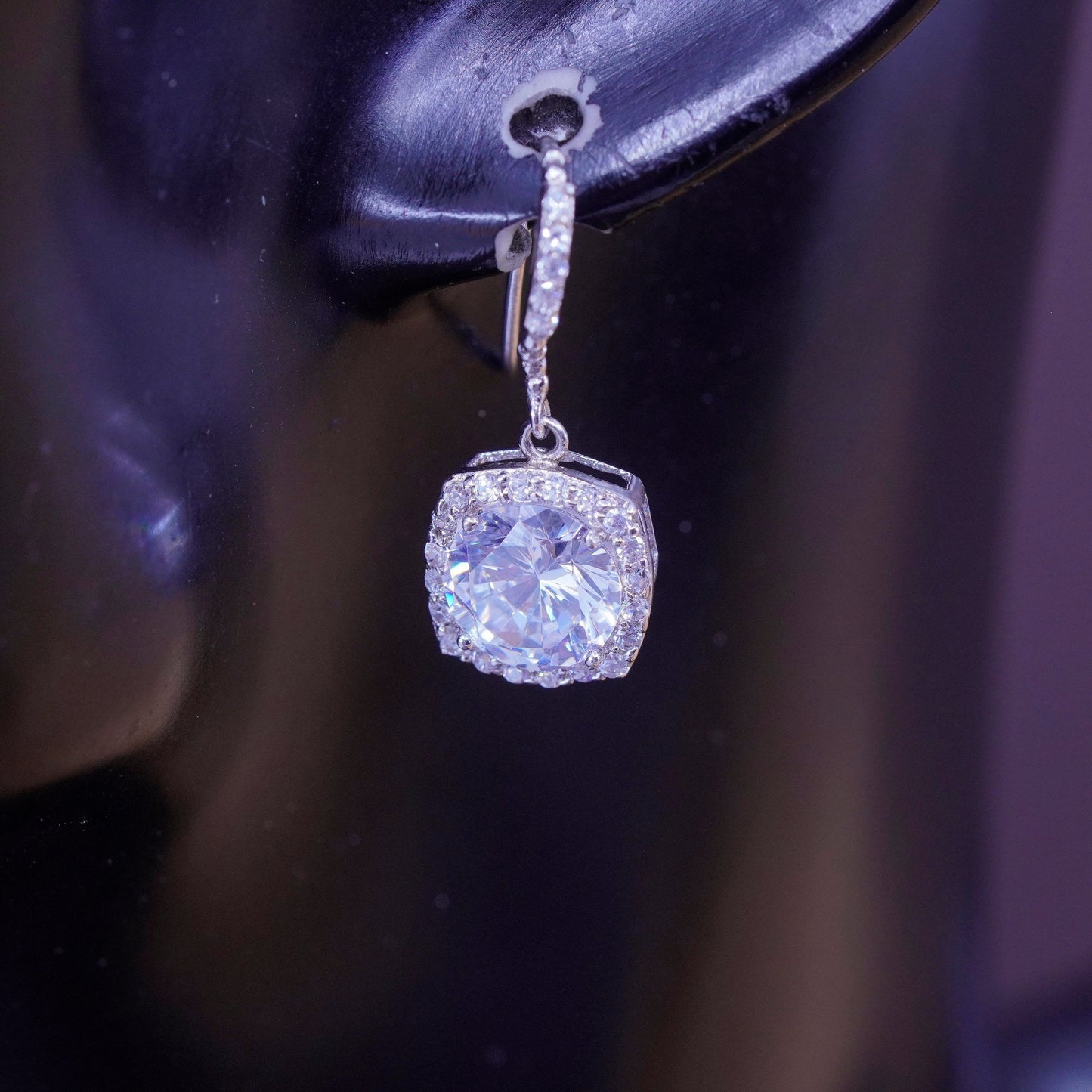 Vintage Sterling silver earrings, 925 drops with cluster Cz Around