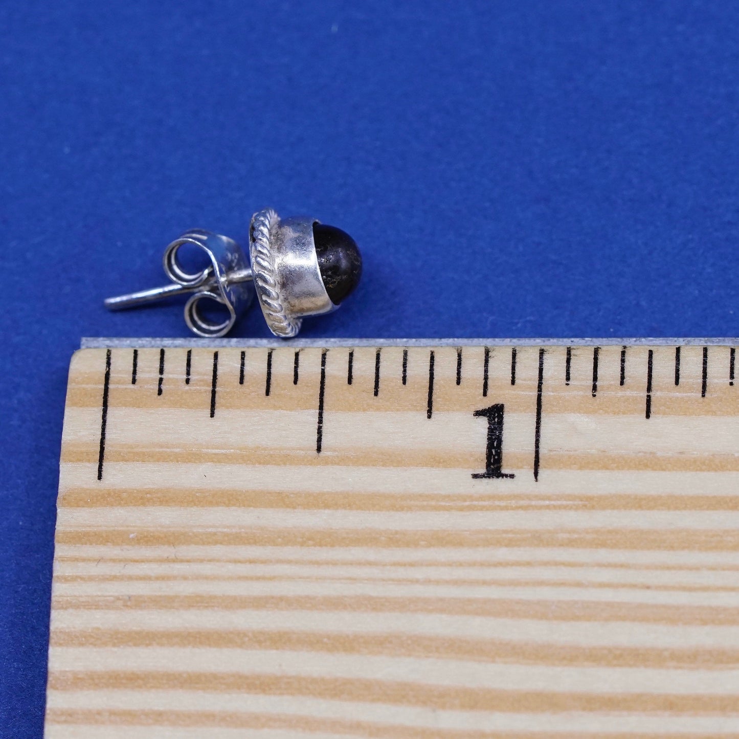 Vintage sterling silver handmade earrings, 925 studs with round amber