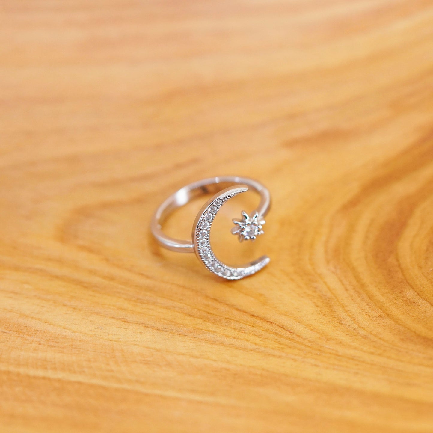 Size adjustable , vintage Sterling 925 silver star moon ring with cluster cz
