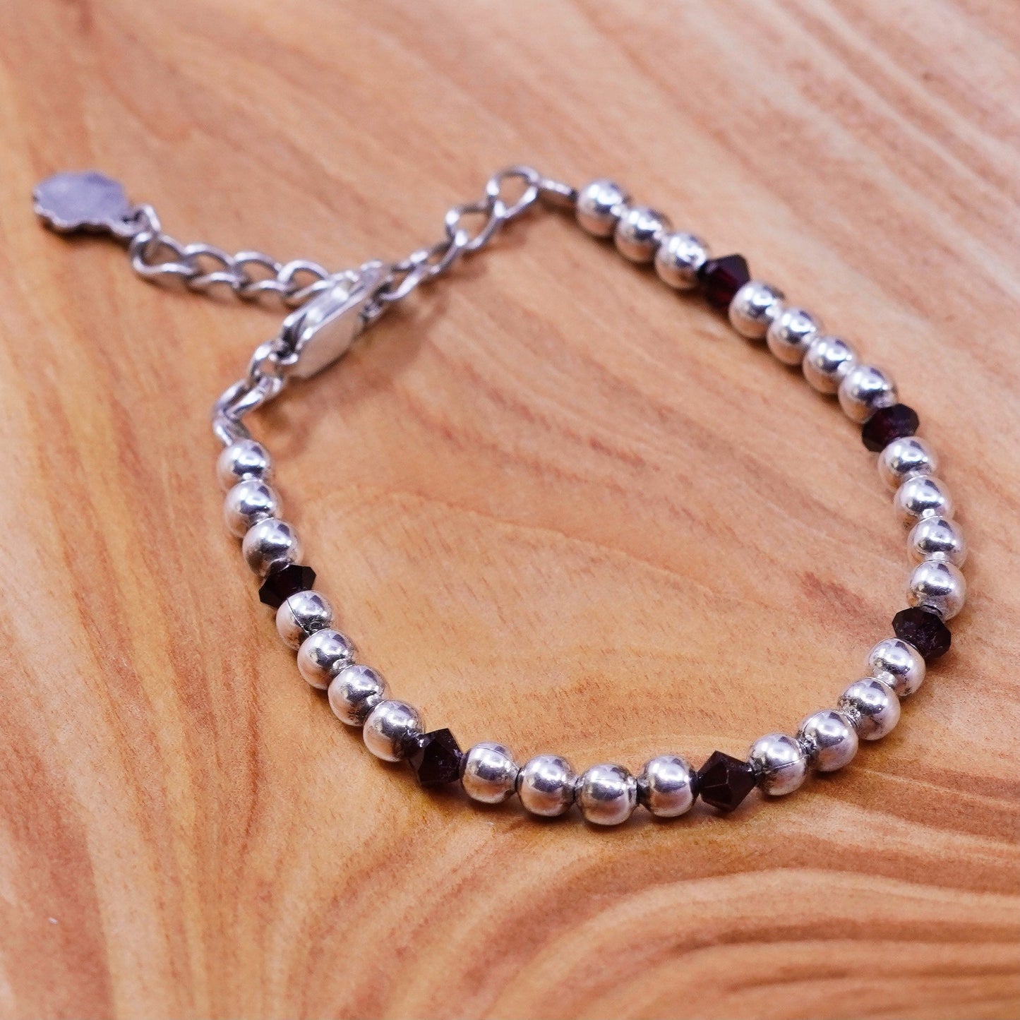6+1”, vintage Sterling 925 silver beads bracelet with black crystal flower chem