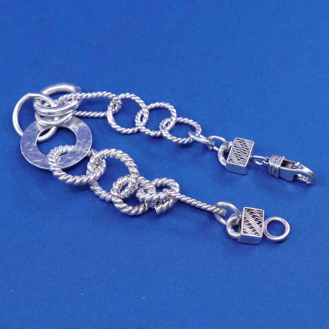 6.75”, vtg Sterling silver handmade bracelet, 925 twisted cable, circle chain