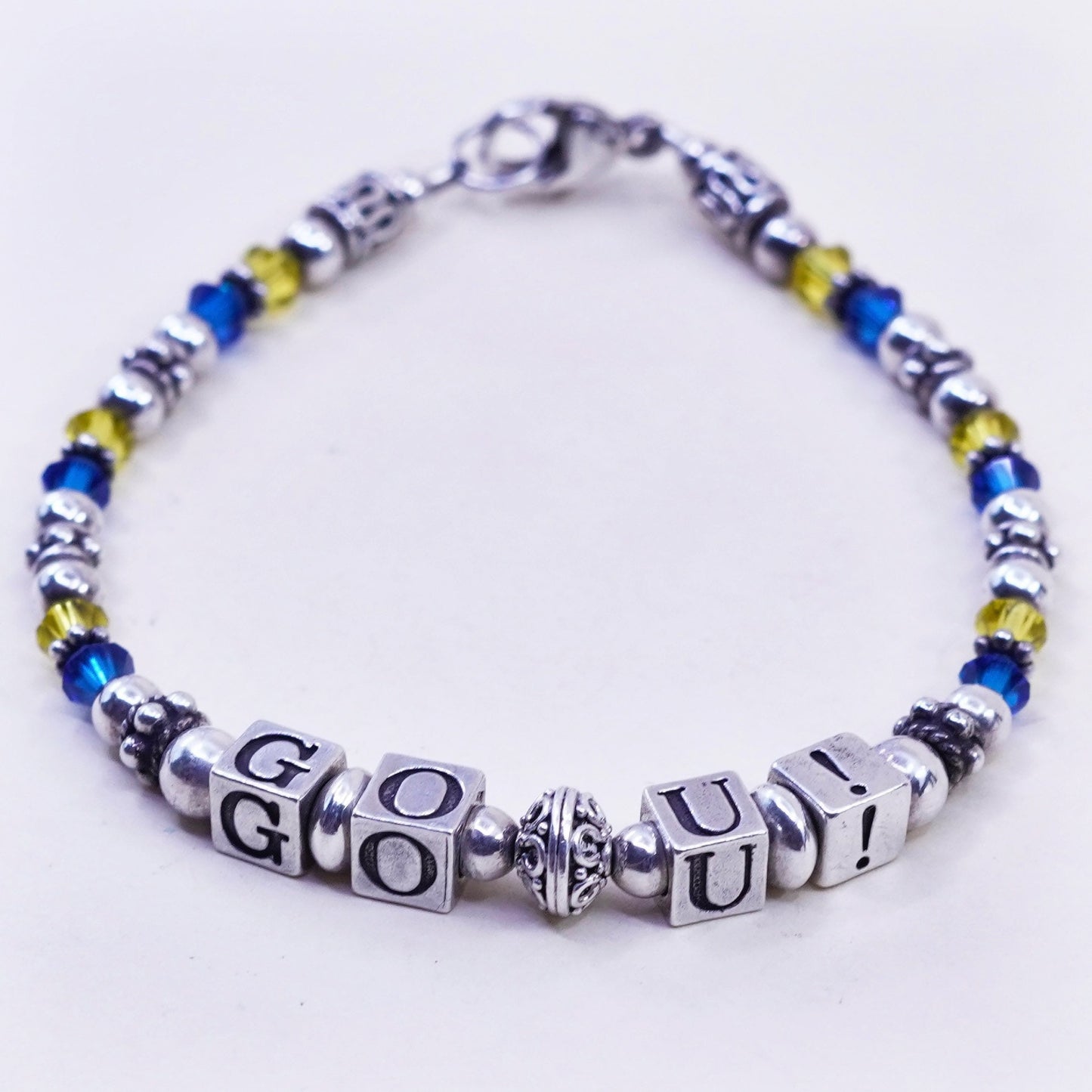 7”, handmade Sterling 925 Silver and crystal beads bracelet with “go, U!” cubes