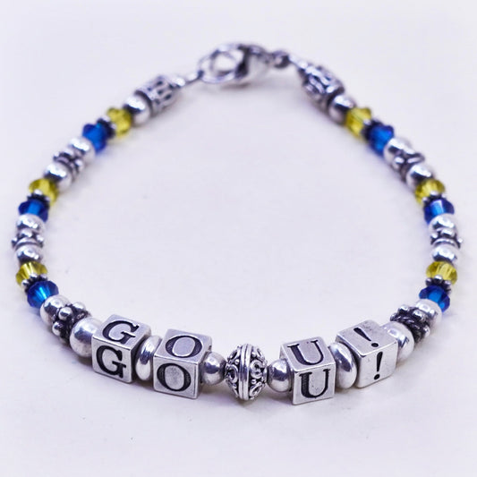 7”, handmade Sterling 925 Silver and crystal beads bracelet with “go, U!” cubes