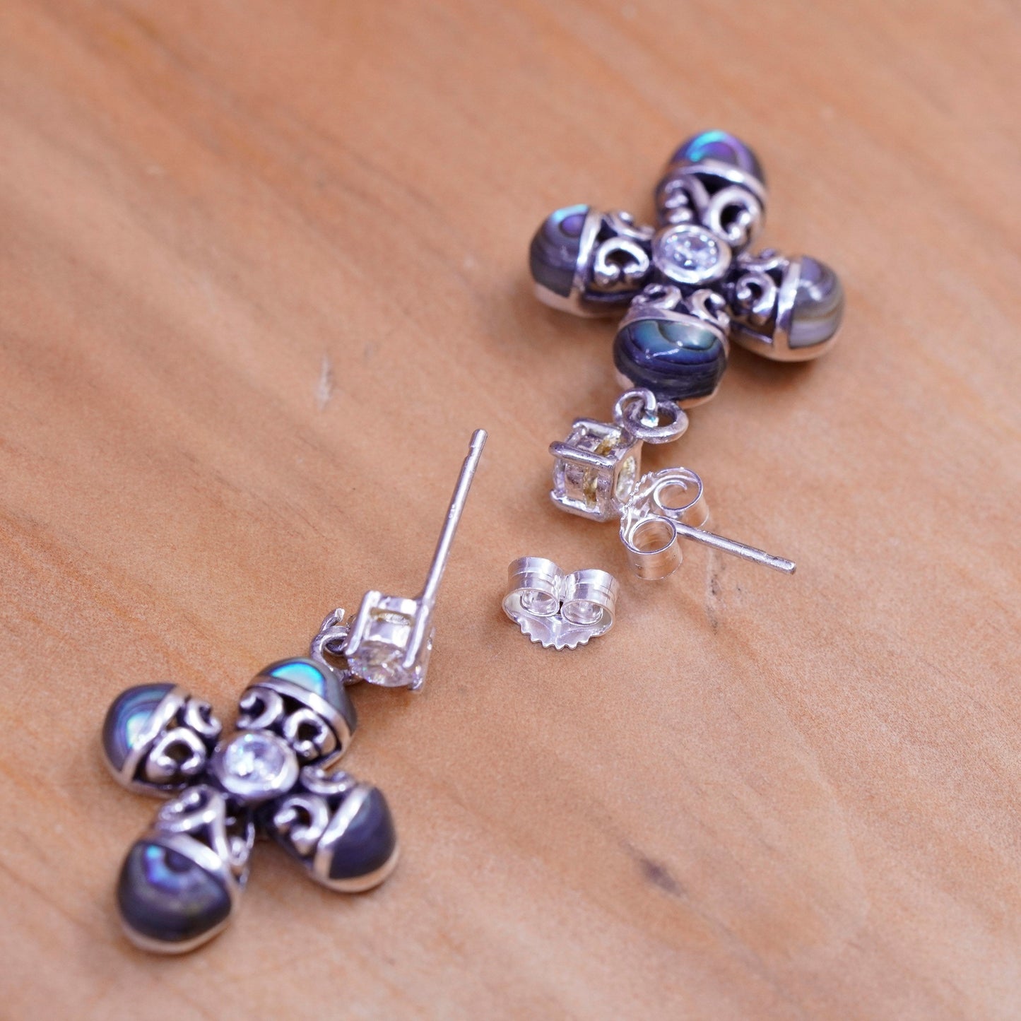 Vintage Sterling 925 silver handmade cross earrings with abalone and cz