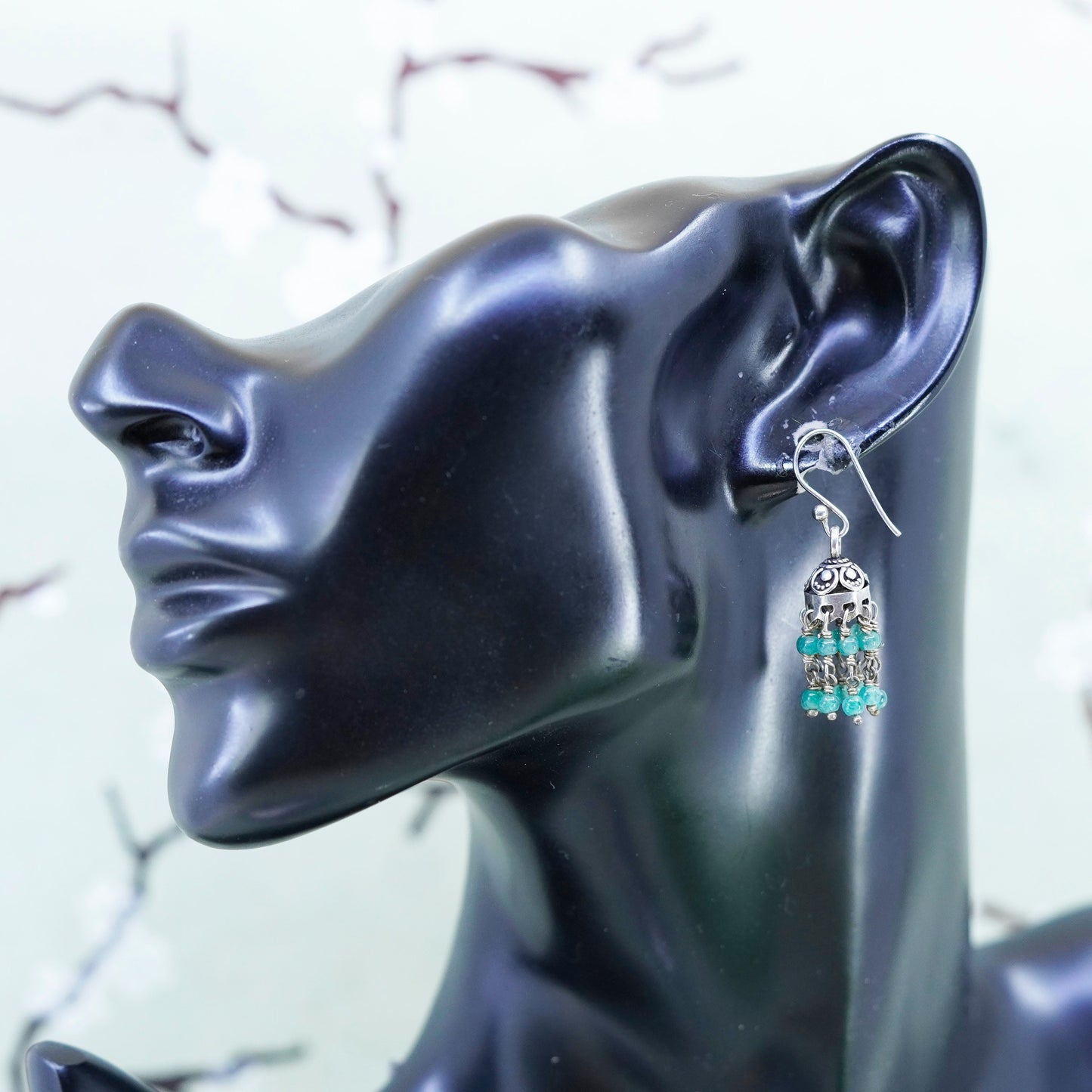 Vintage Sterling 925 silver handmade earrings with cluster jade beads