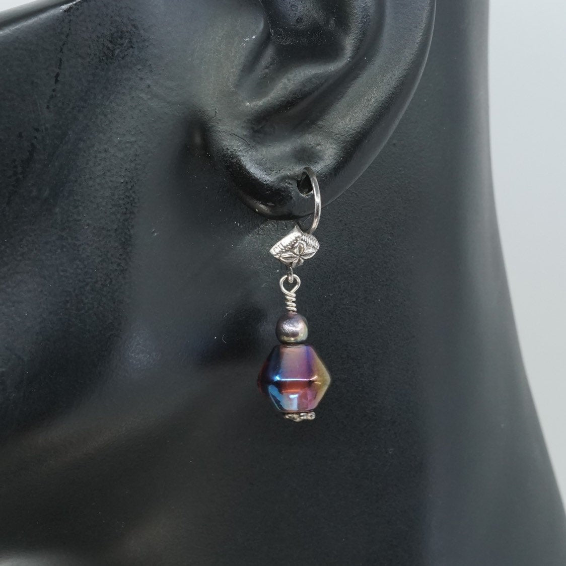 Sterling silver hoop handmade earrings, 925 red glass beads, Stamped 925