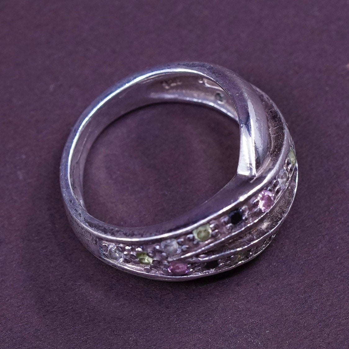 sz 6.75, vtg Sterling silver anniversary ring, 925 band w/ cluster cz