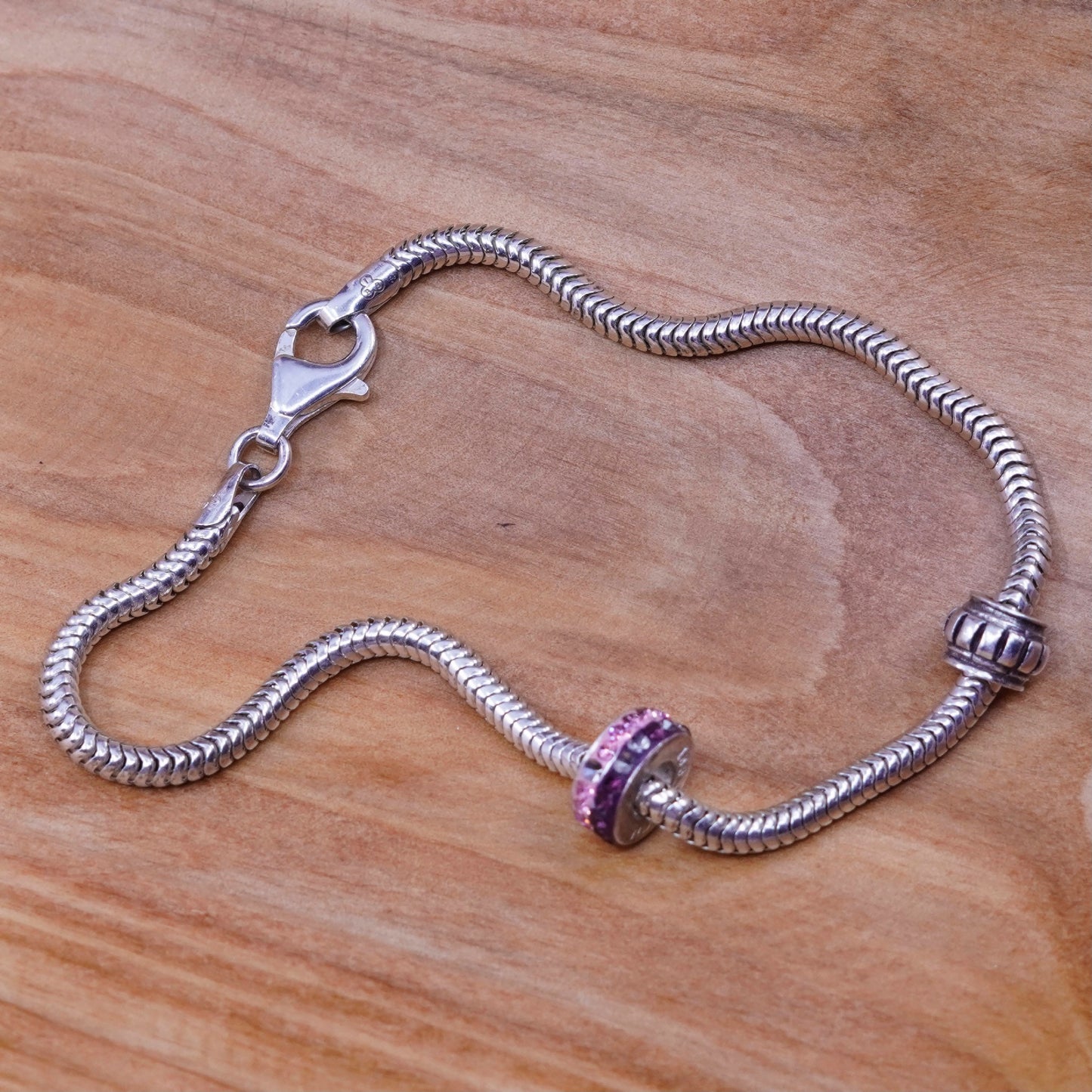 8.25”, sterling silver bracelet, 925 snake chain cluster crustal bead charms