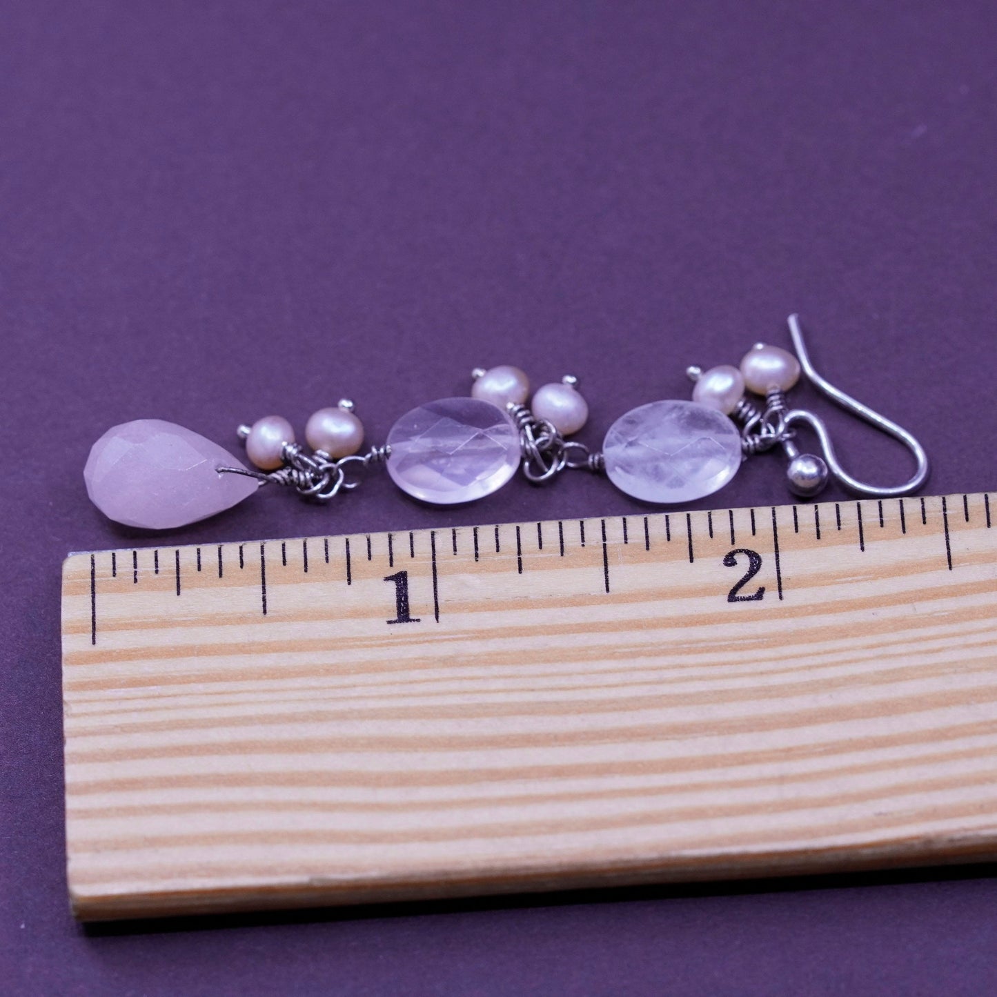 Vintage Mexico Sterling 925 silver handmade earrings w/ pink rose quartz pearl