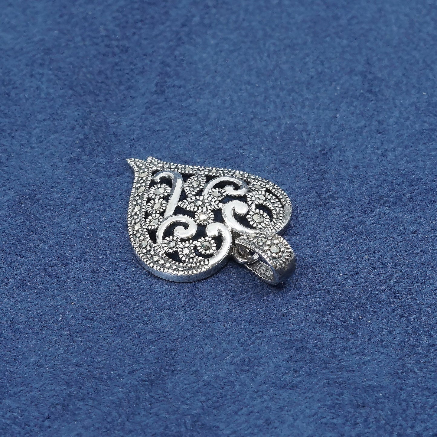 vtg Sterling silver handmade pendant, 925 heart w/ marcasite